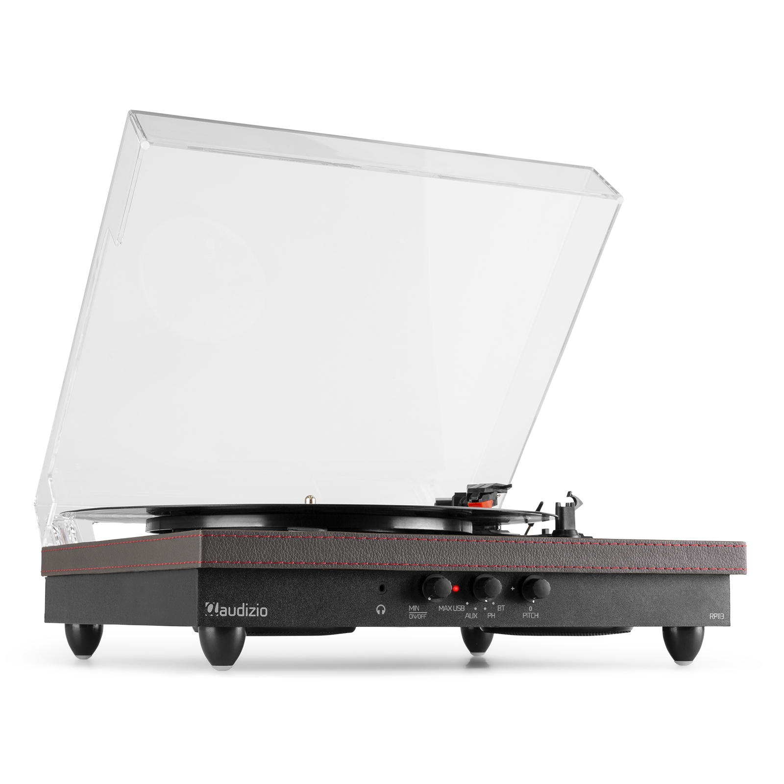 Turntable with a transparent lid open. The turntable has a black base and a red trim.