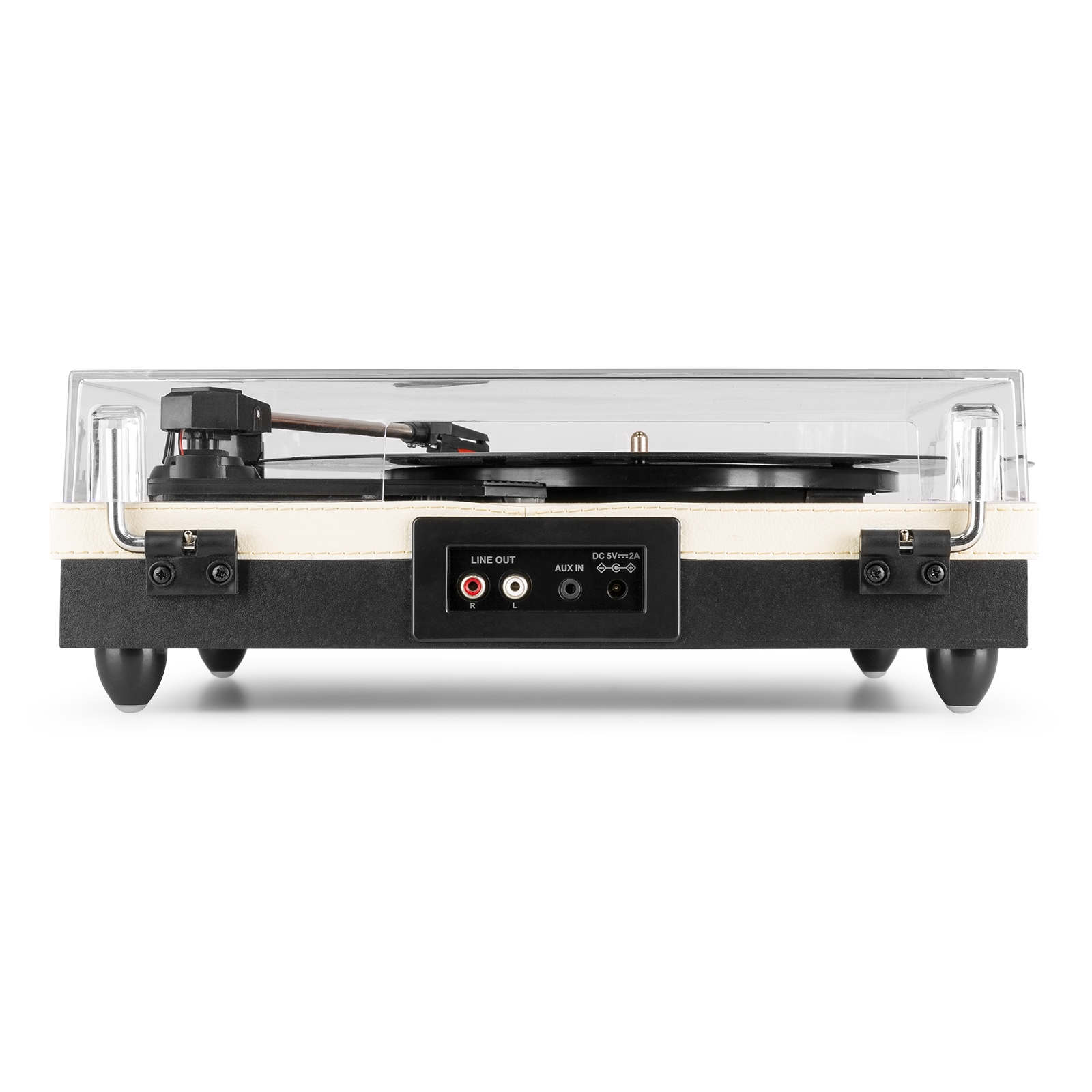 A black and cream turntable with a transparent cover. It has input/output ports and legs.