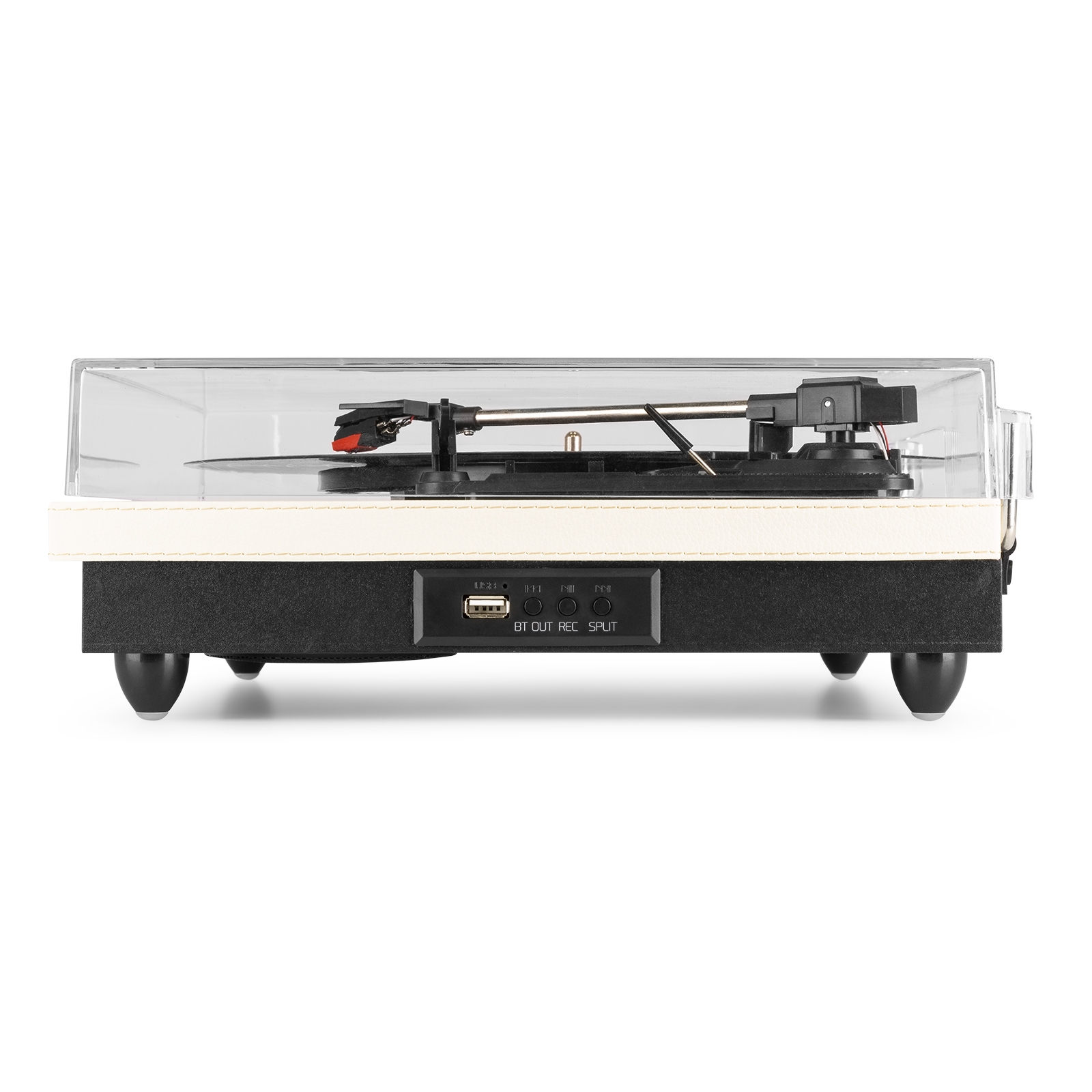 A turntable with a clear cover, black and white design, and control buttons.