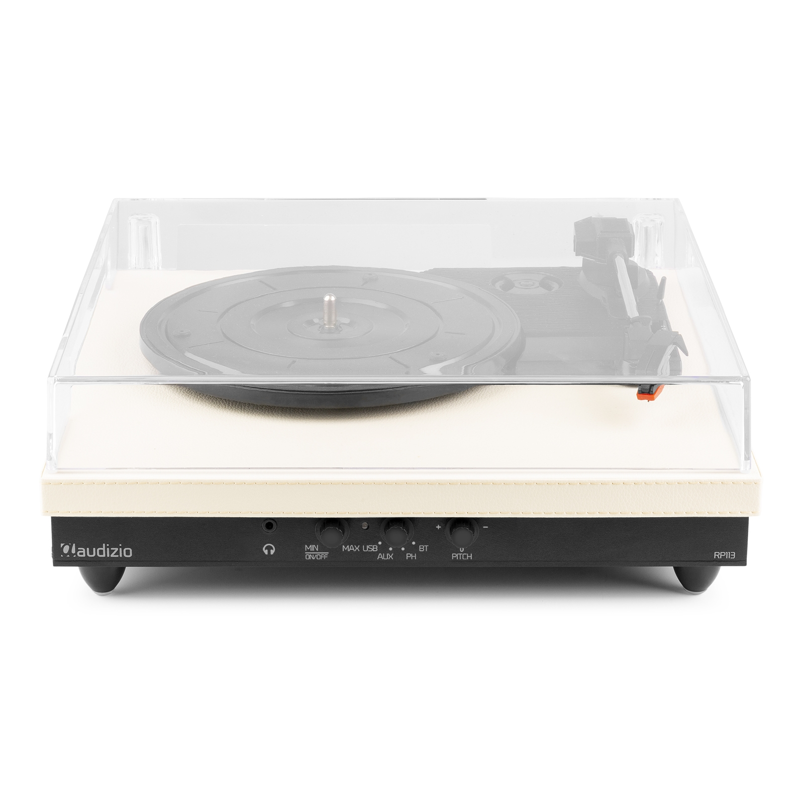 Turntable with a transparent cover. Has a black base and a cream-colored platform.