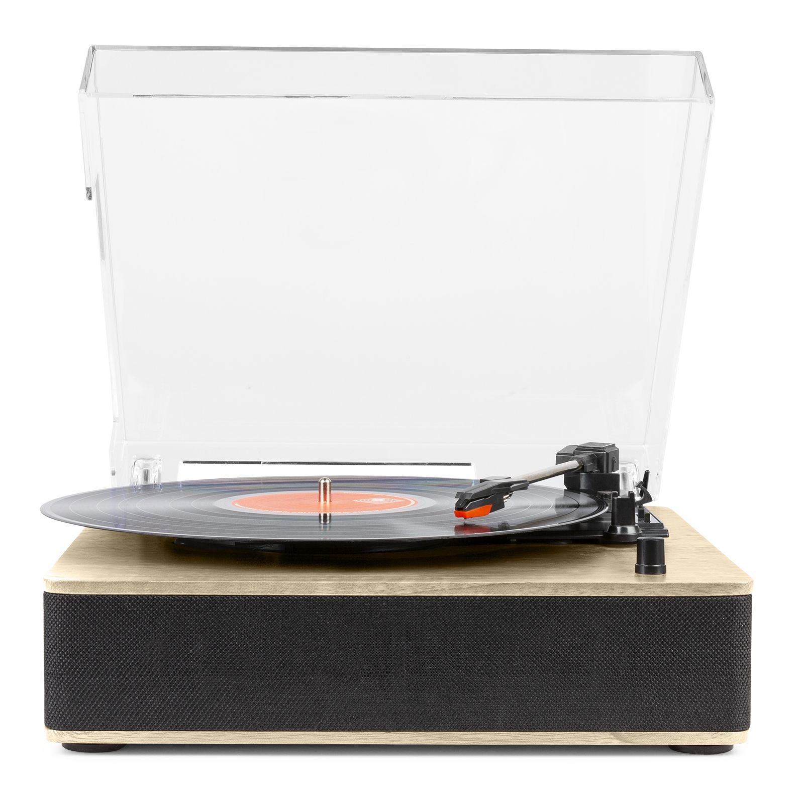Plattenspieler mit klarer Abdeckung. Vinyl-Schallplatte. Holzsockel und Lautsprecher.