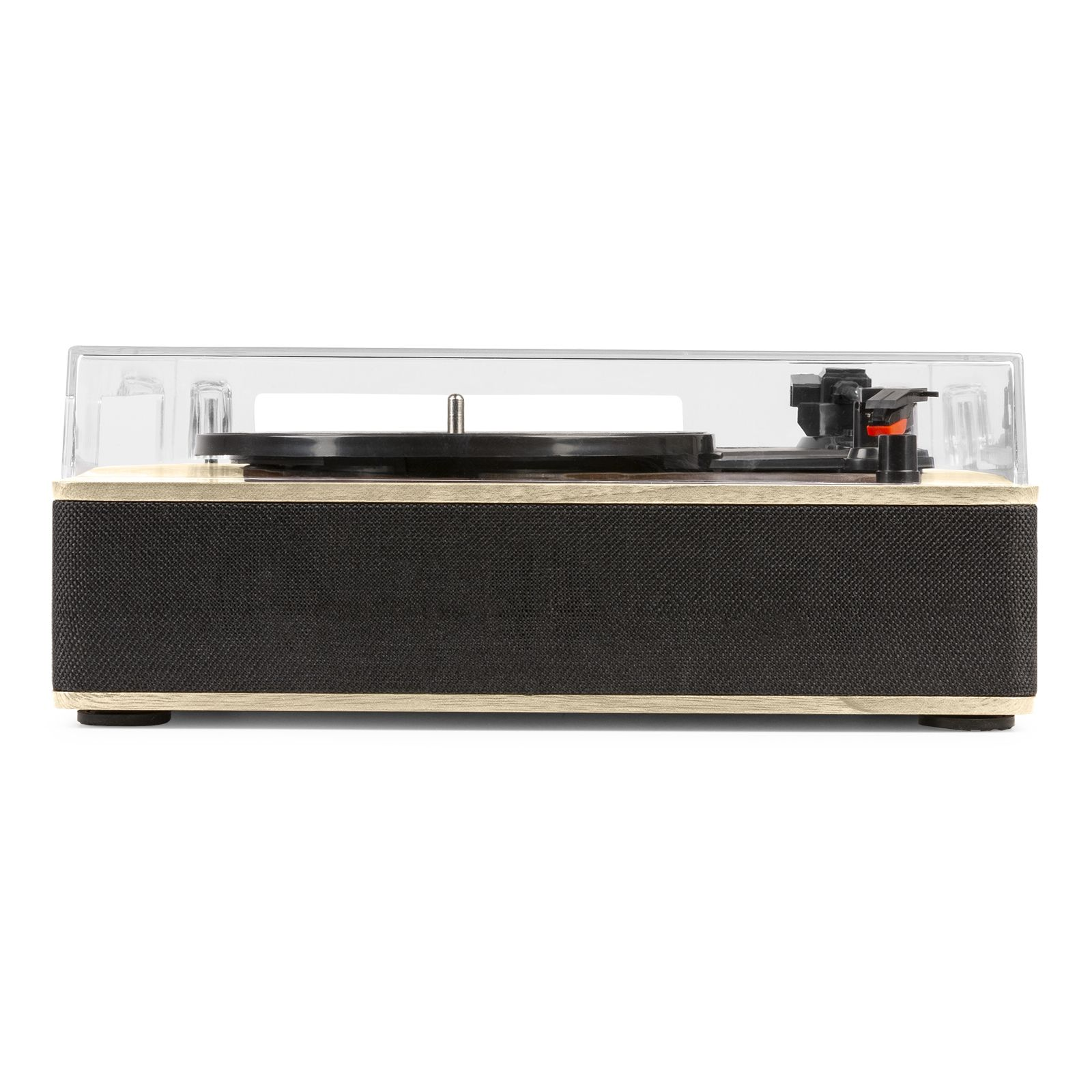 Ein Plattenspieler im Retro-Stil. Er hat eine transparente Abdeckung und einen Holzsockel mit Lautsprecher.