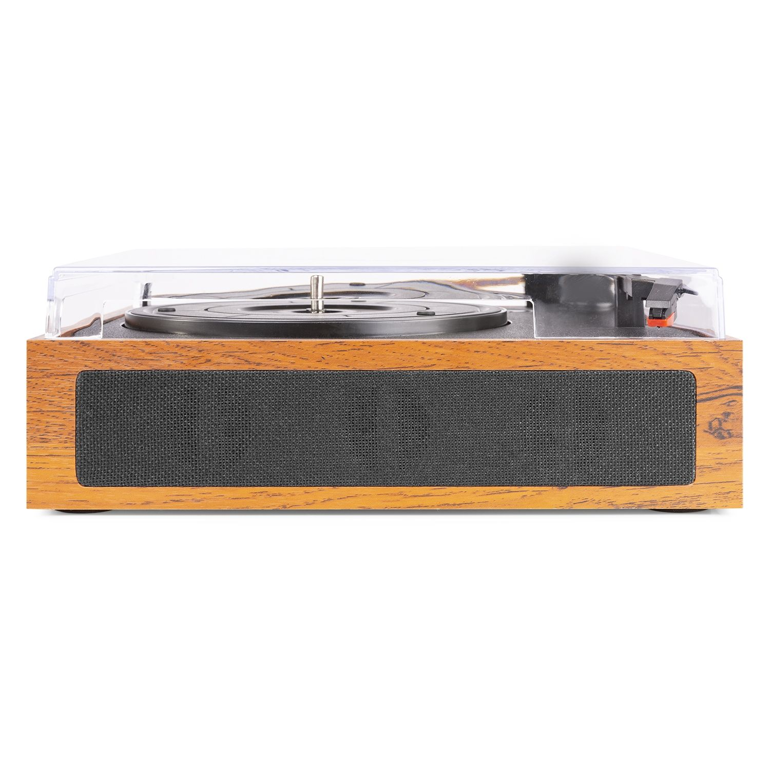 Wooden record player with a clear lid. The speaker is covered with a dark fabric.