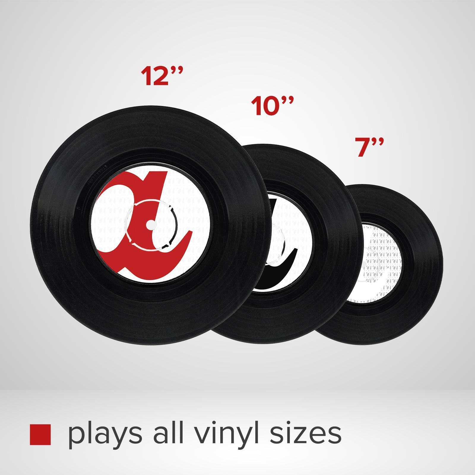 Discos de vinilo negros en tamaños de 12", 10" y 7".
