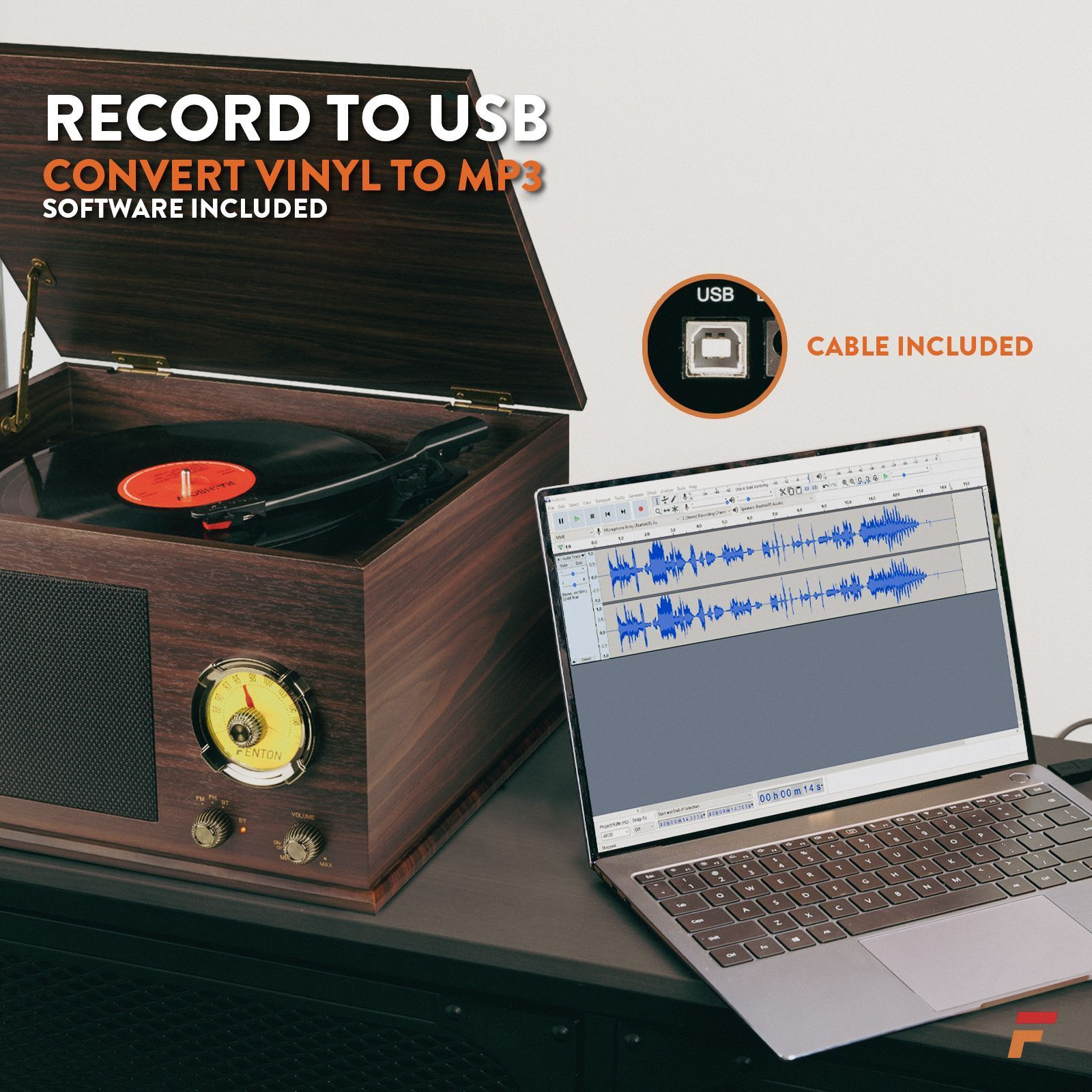 Platine vinyle avec ordinateur portable affichant la forme d'onde audio. Texte : 'Record to USB'.