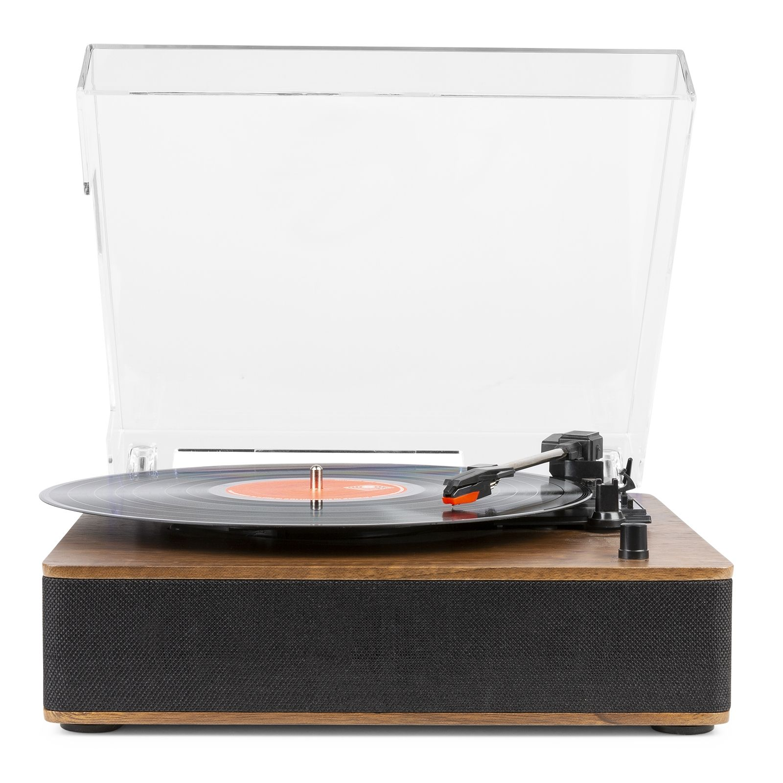 Tocadiscos con cubierta transparente sobre base de madera, un disco está sonando. Aguja negra.
