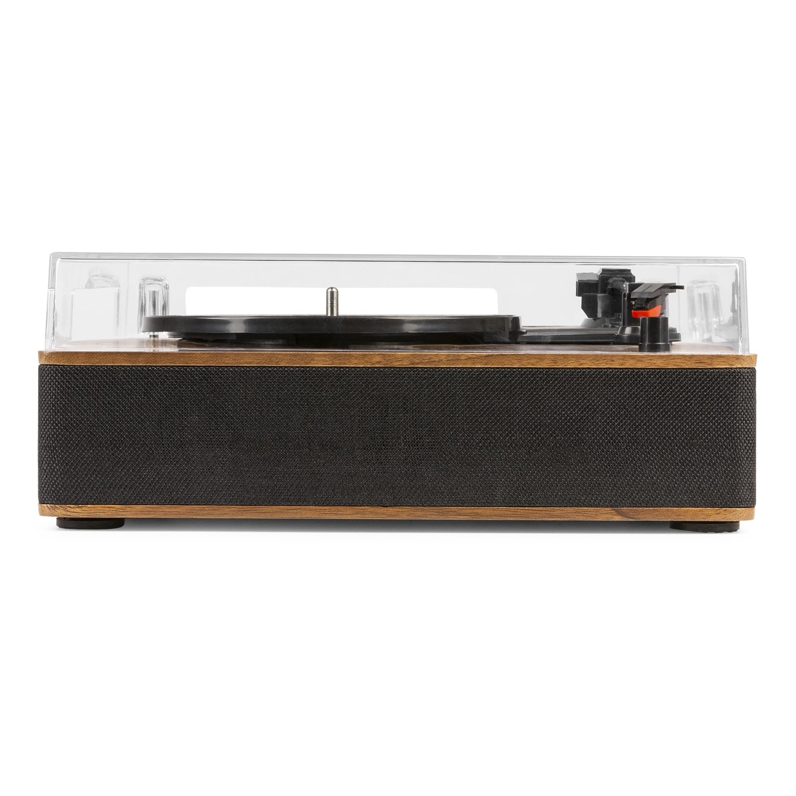 Tocadiscos con cubierta transparente y base de madera, sobre fondo blanco.