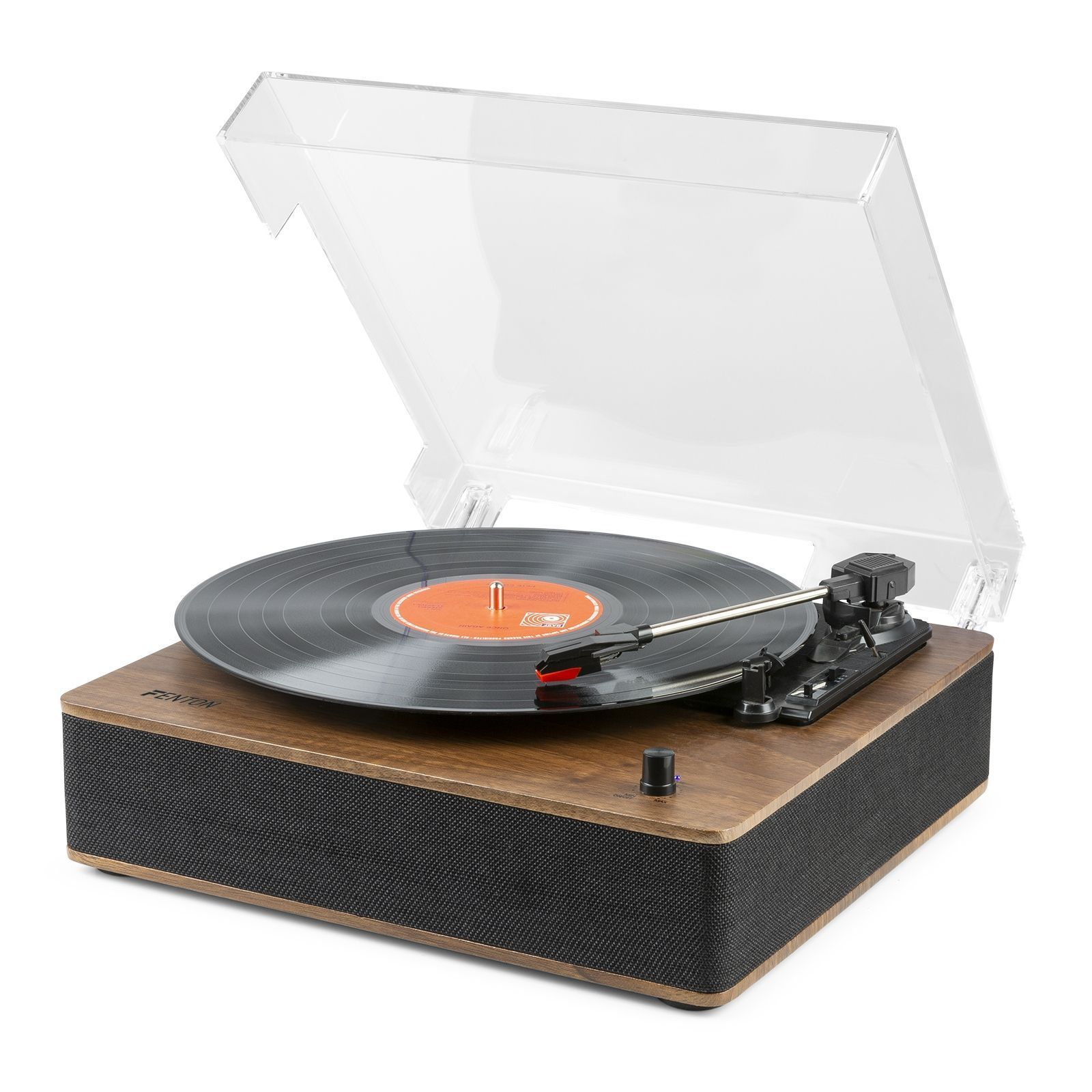 Tocadiscos con un disco reproduciéndose. Base de madera con altavoz y cubierta transparente.