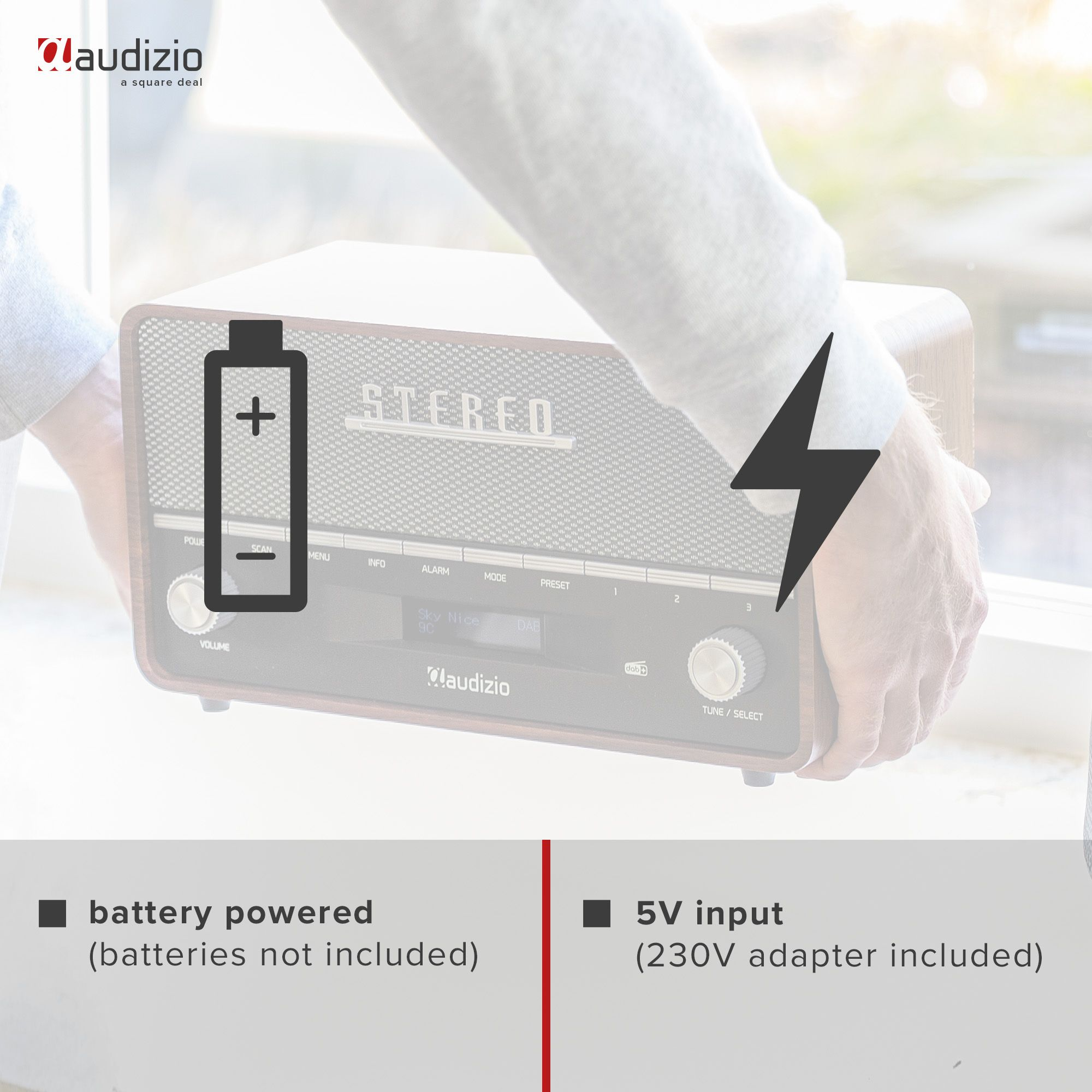 Ein Radio mit Batterie- und Blitzsymbol.