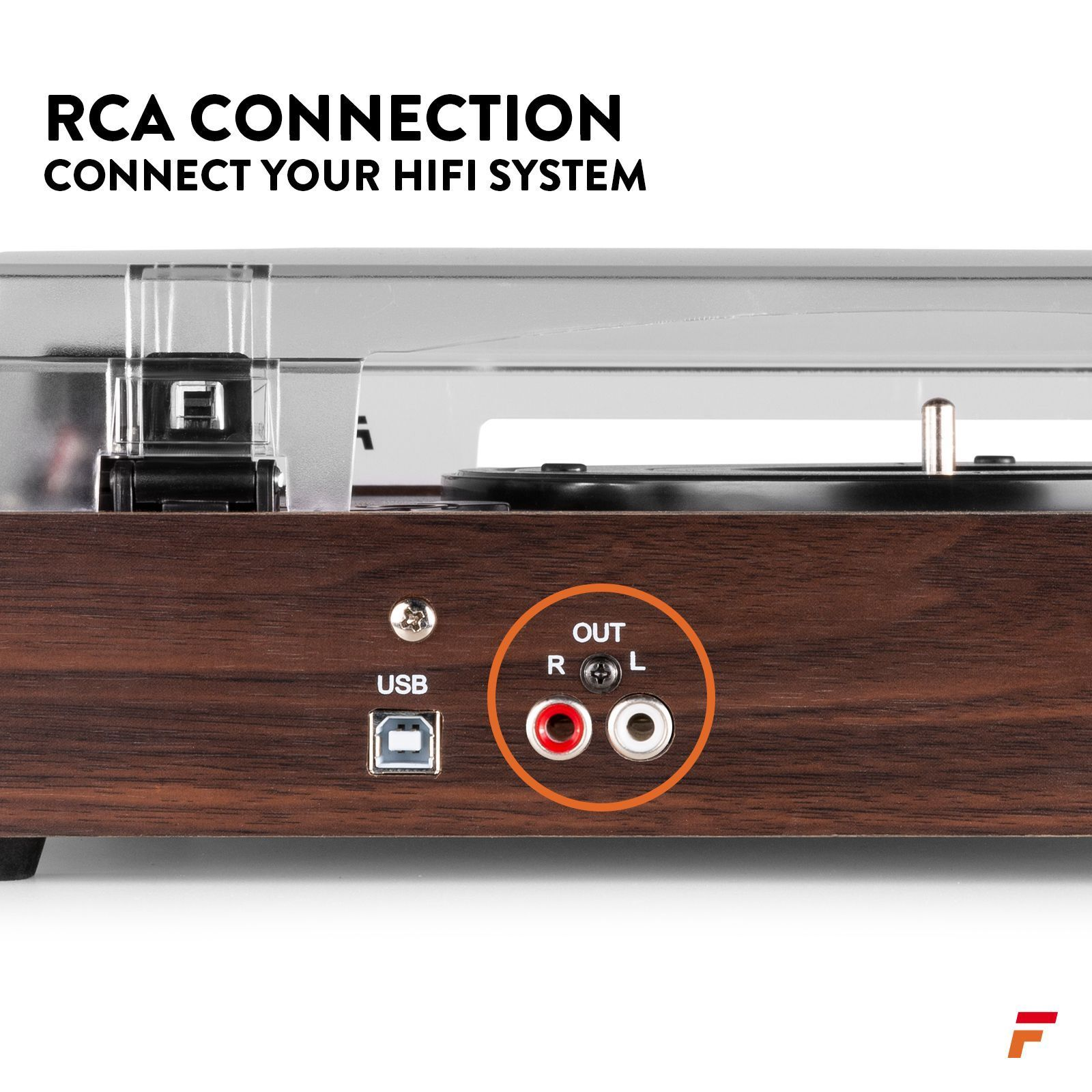 Plattenspieler mit RCA-Anschlüssen mit der Bezeichnung OUT. USB-Anschluss auch.