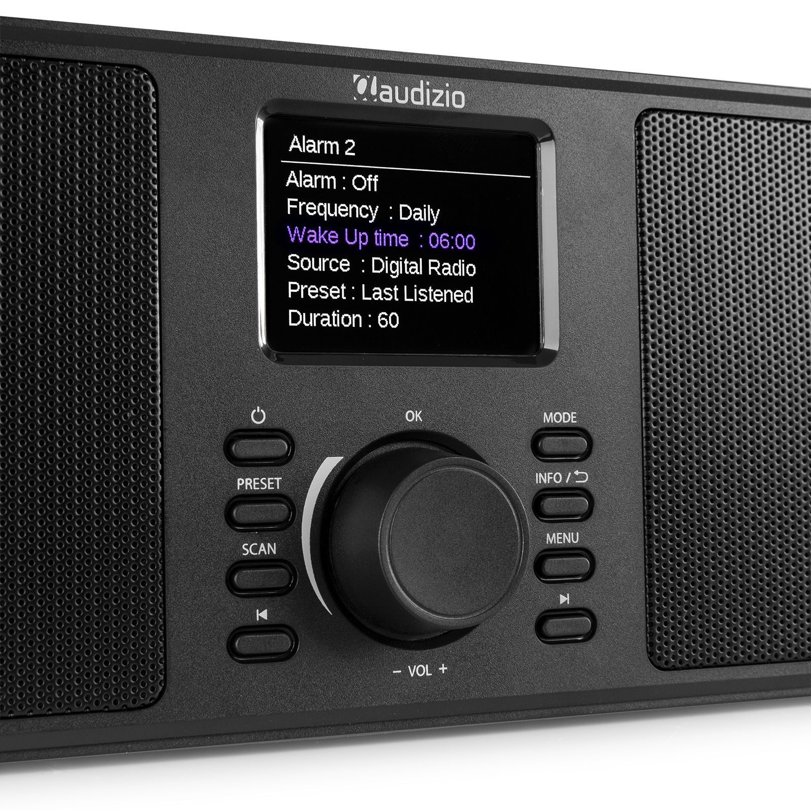Schwarzes Digitalradio mit Display, das Alarmeinstellungen zeigt.