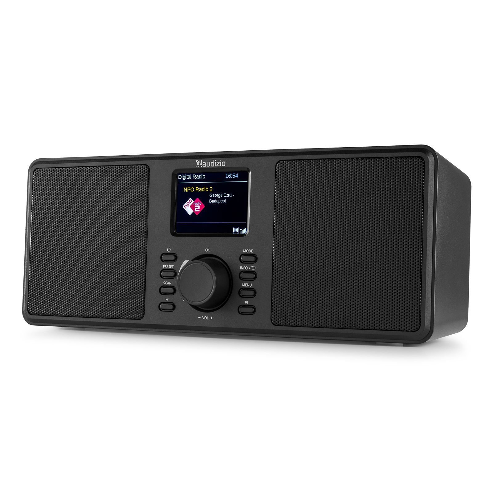 Schwarzes Digitalradio mit Display. Tasten für Voreinstellung, Scan und Info. Lautstärkeregler und Modustaste.