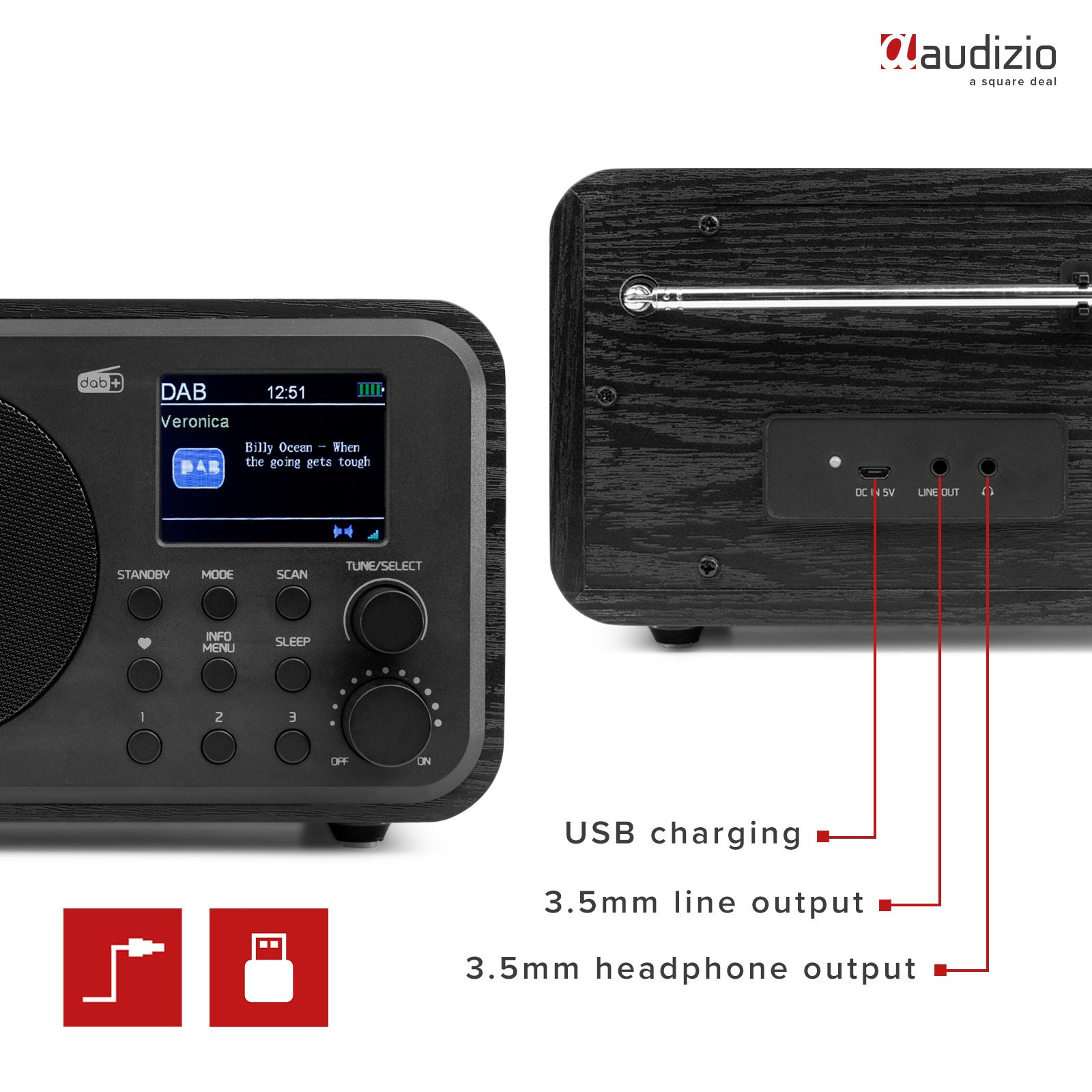 Radio negra con pantalla y puerto USB. Está etiquetada con carga USB y un conector de 3,5 mm.