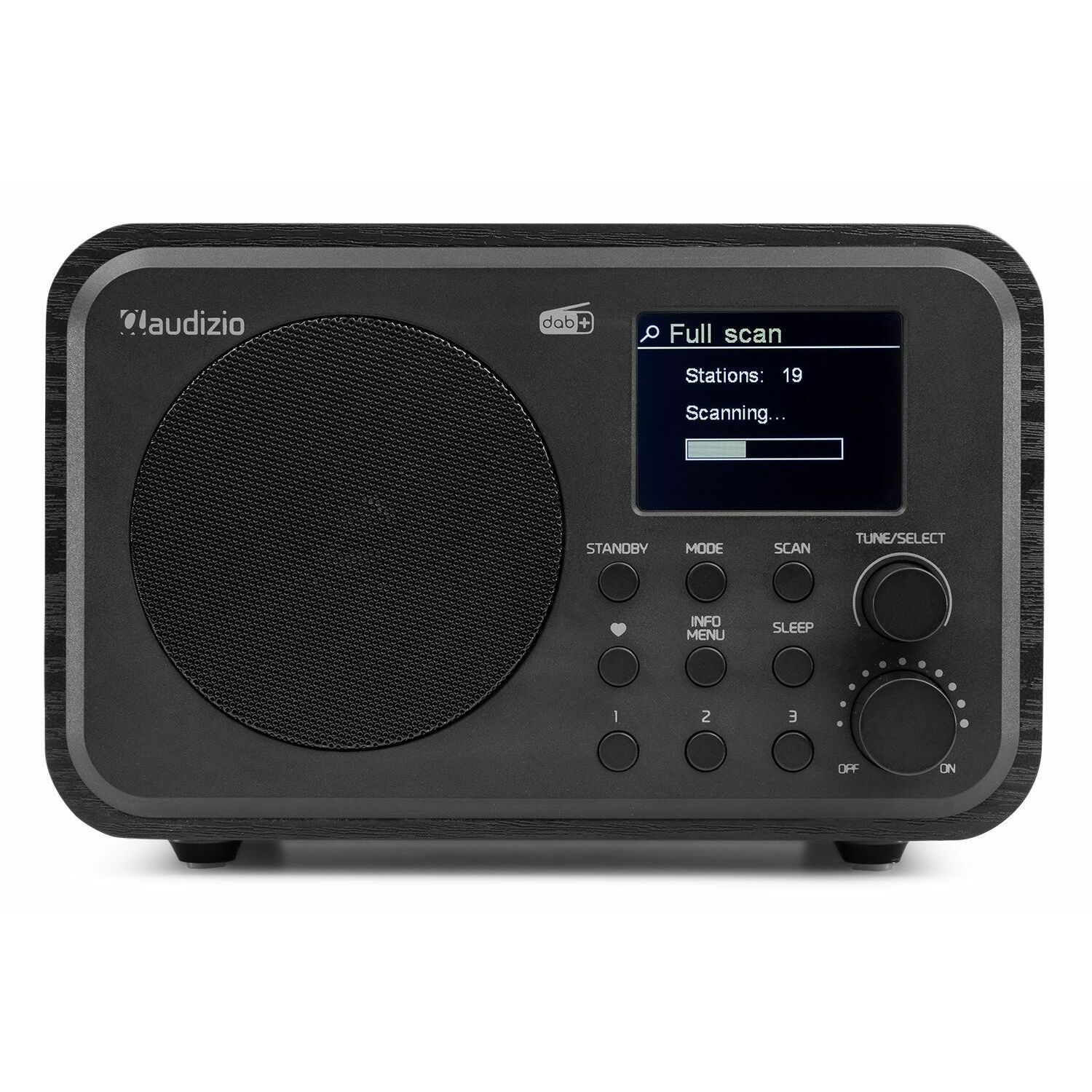 Una radio negra y de madera con una pantalla que muestra el escaneo y botones para espera, modo, escaneo y sintonización.