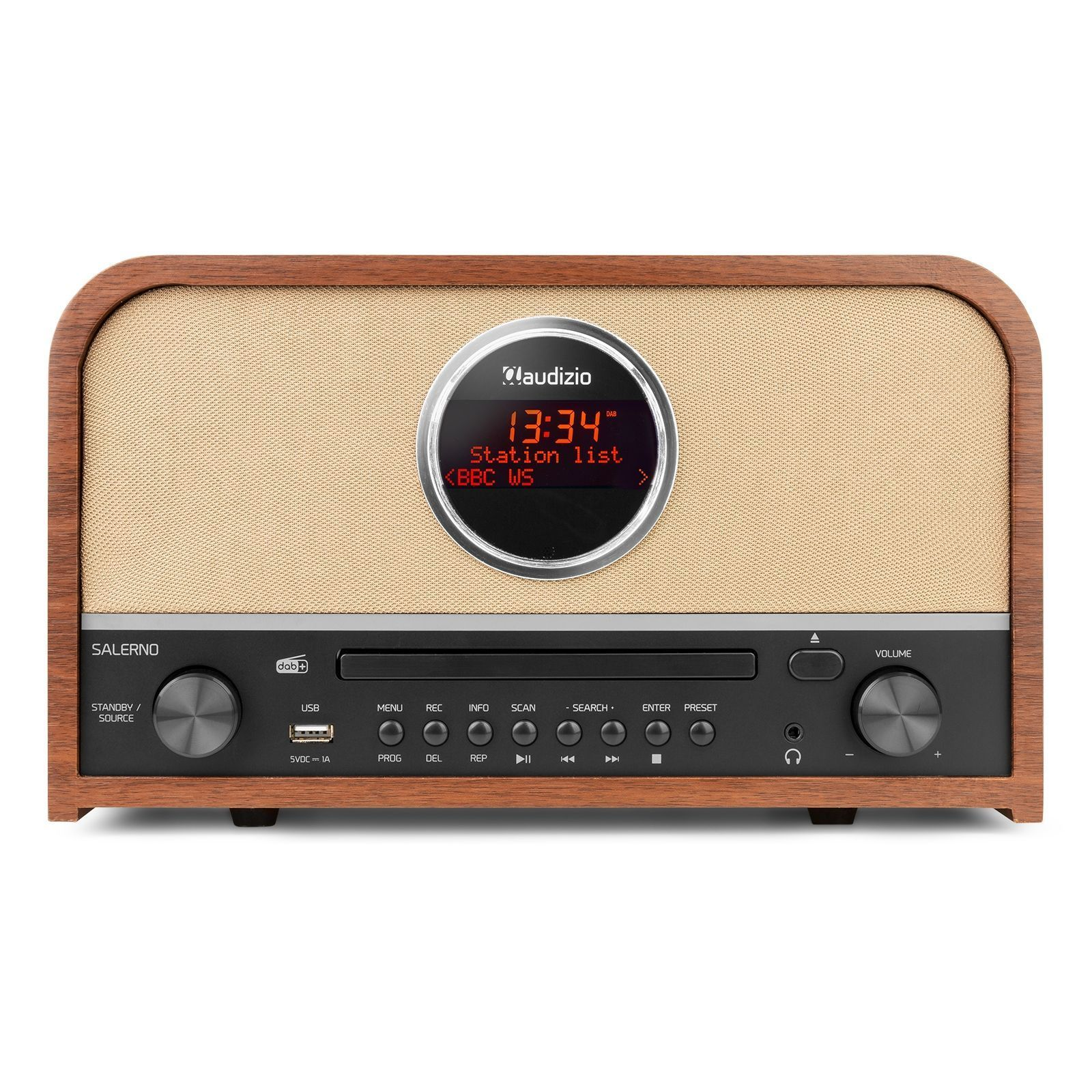 Holz-Radio mit Digitalanzeige, die Zeit und Senderinformationen anzeigt, mit Knöpfen und CD-Slot.