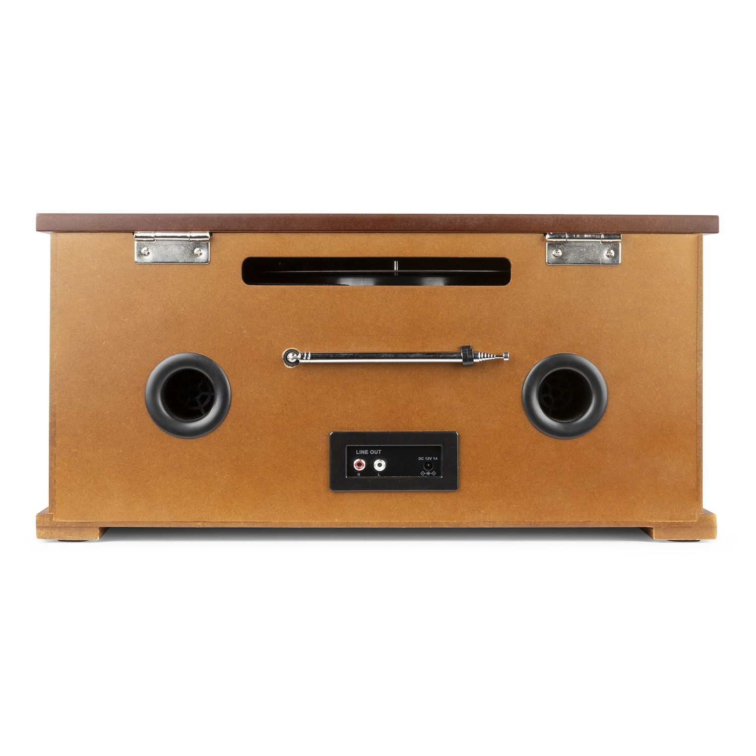 Una radio retro marrón con altavoces y antena. Tiene puertos 'Line Out' y CC en la parte trasera.