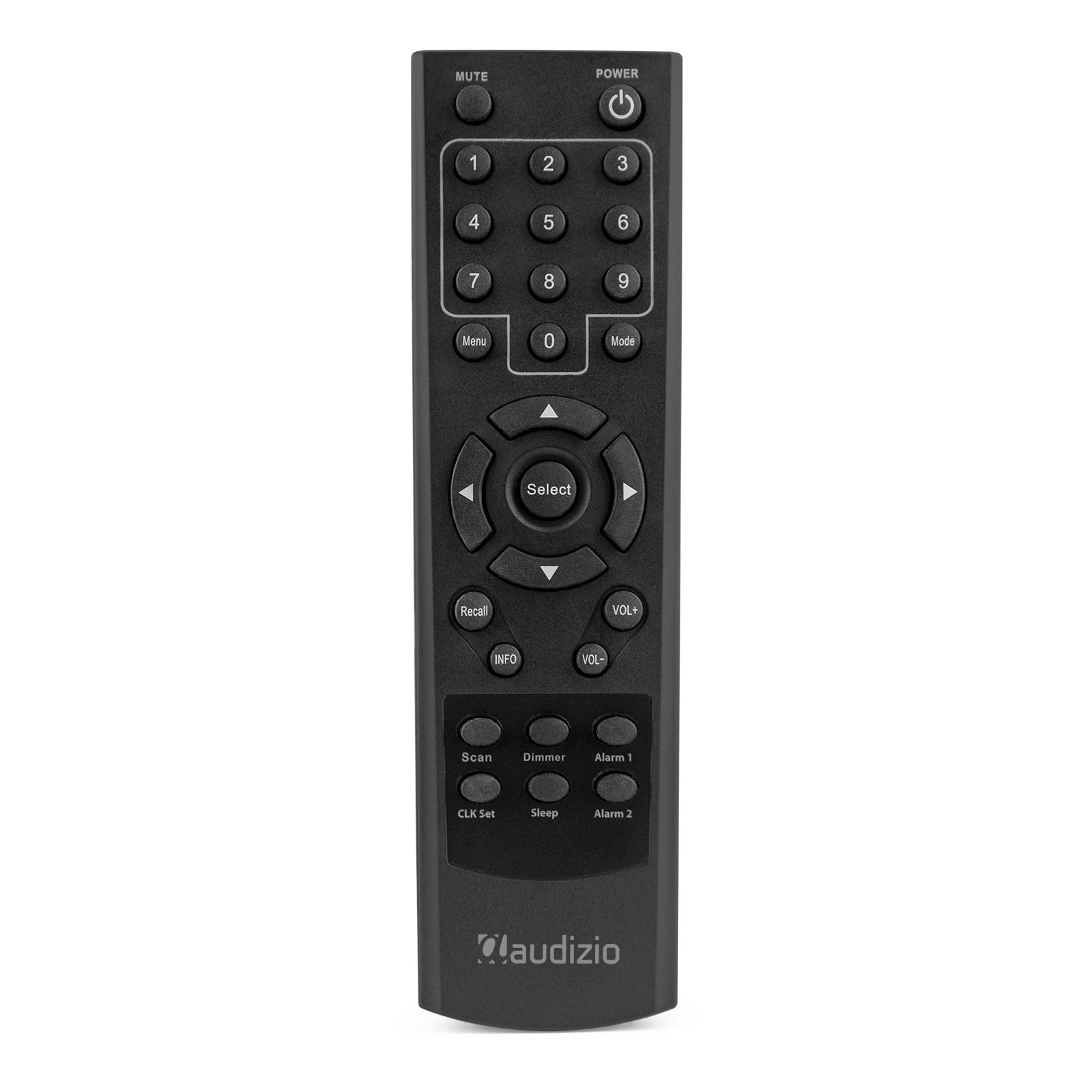Mando a distancia negro con botones. Incluye números, encendido, menú y controles de volumen.