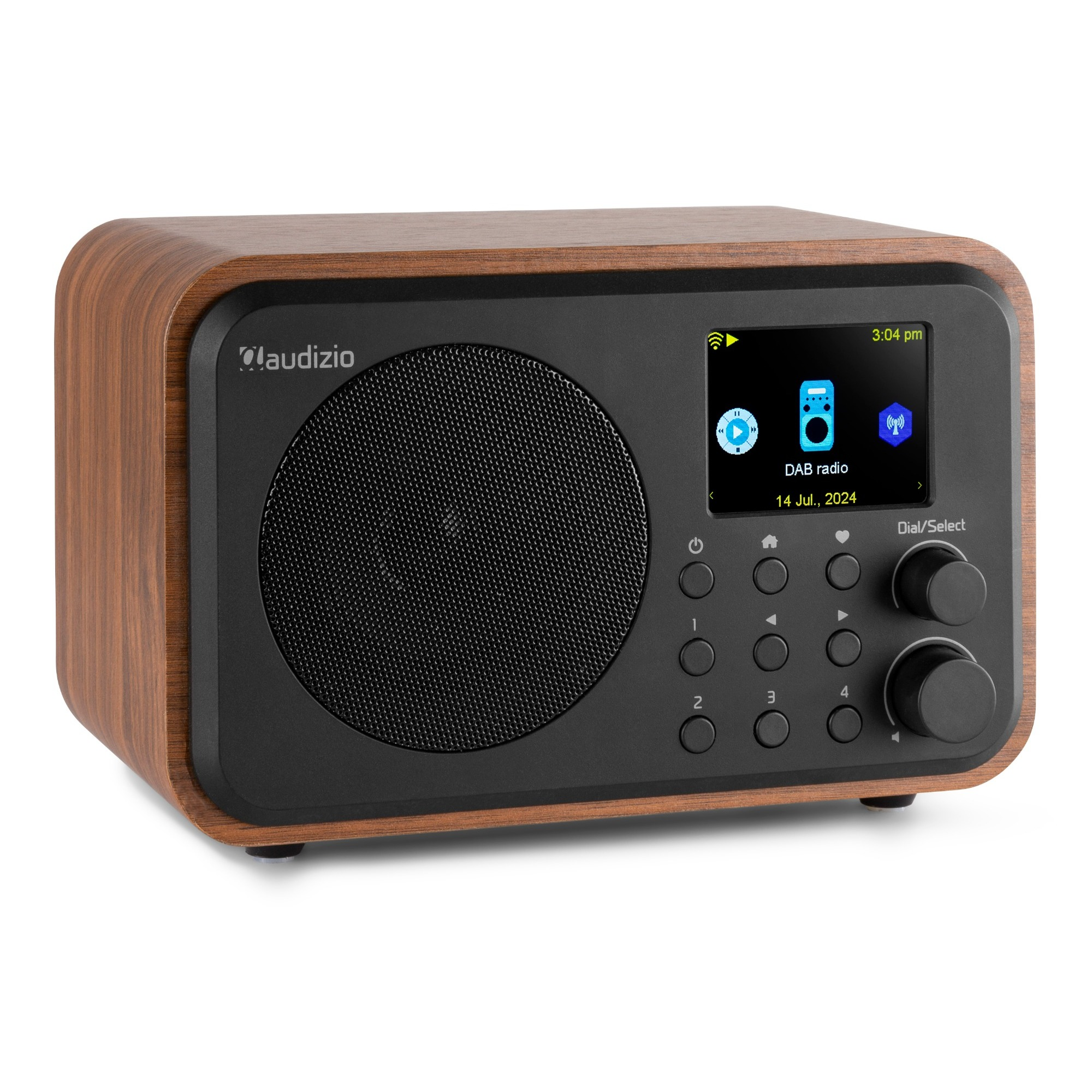 Ein Radio mit Holzgehäuse und schwarzer Frontplatte, mit digitaler Anzeige von Radioinformationen.