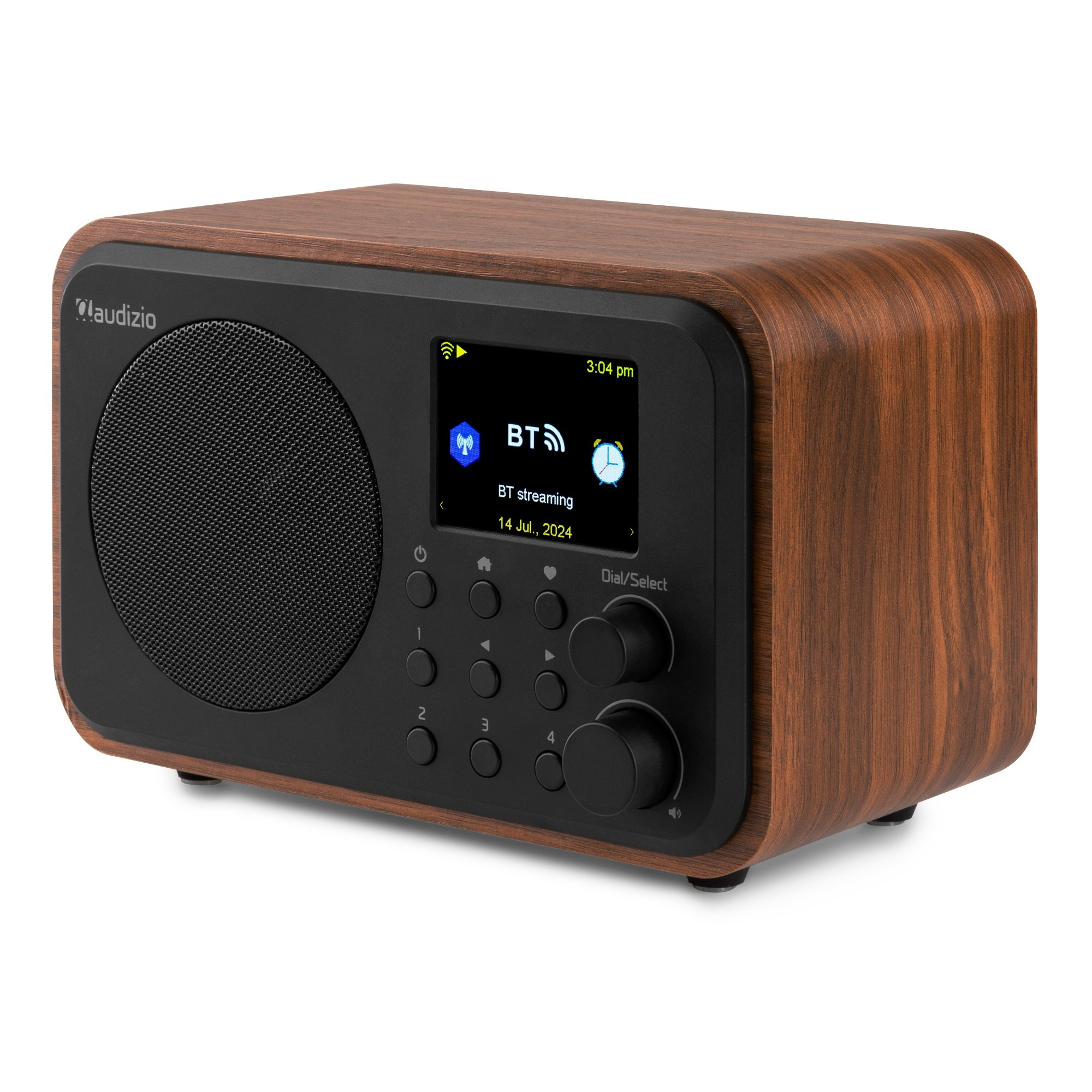 Holzradio mit Bildschirm, der BT-Streaming sowie Datum und Uhrzeit anzeigt.