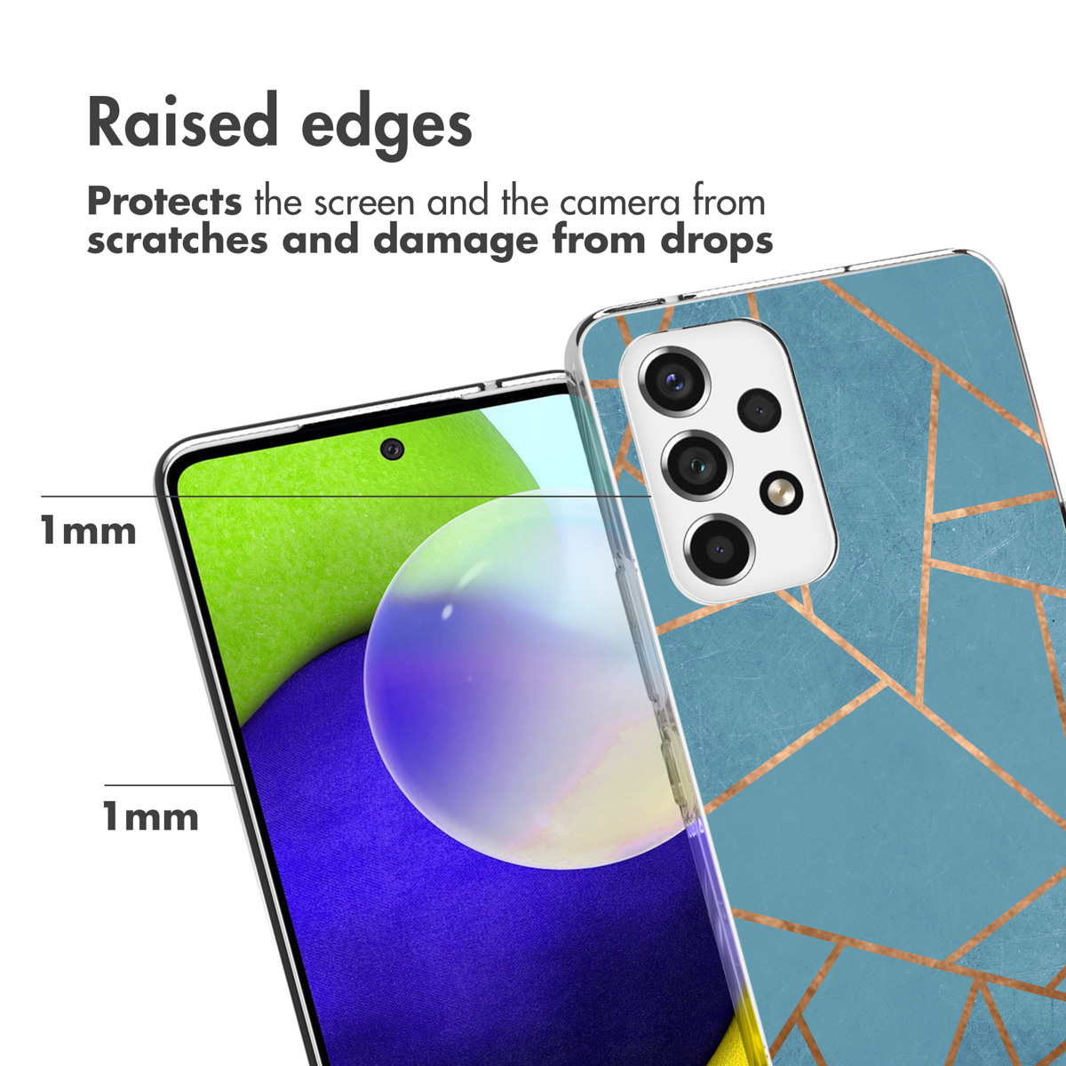 A phone case protects the screen and camera. It is blue with gold lines.