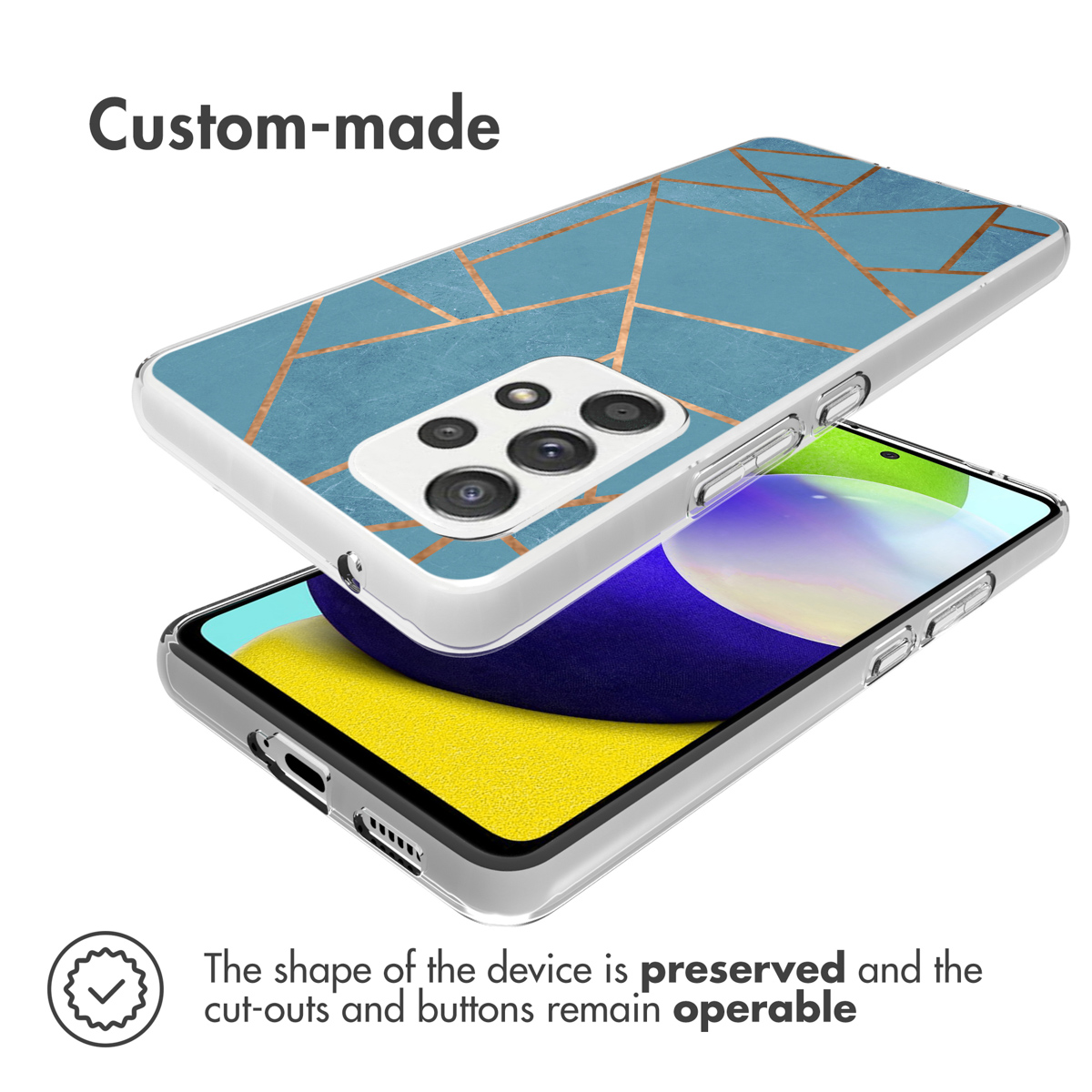 Phone case with a blue and gold design with a phone underneath.