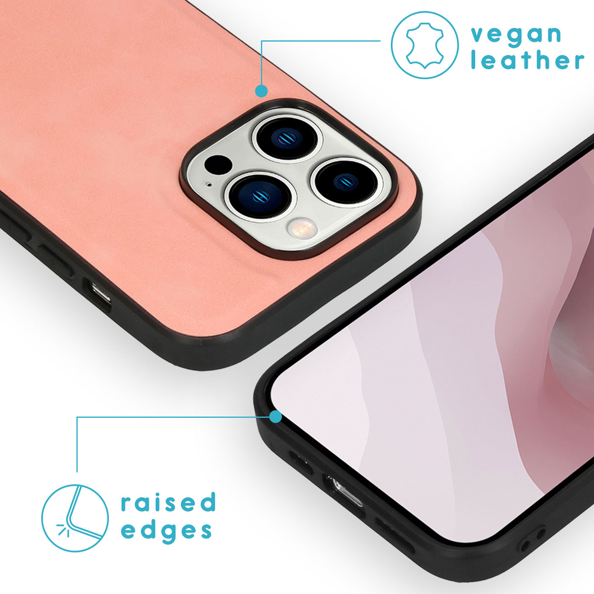 Een telefoonhoesje met een roze vegan leren look en een telefoon met verhoogde randen.