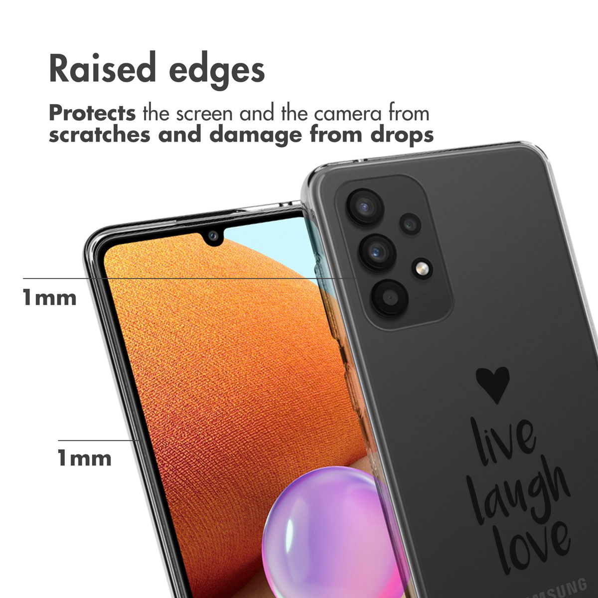 Coque de téléphone noire avec texte blanc et un cœur. L'écran affiche orange et violet. Mesure de 1 mm.