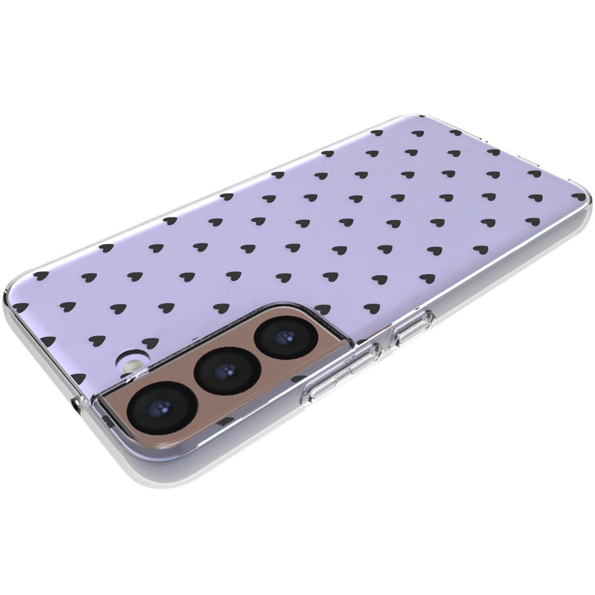 Custodia lilla con cuori neri. Copre retro e bordi del telefono, con fori per la fotocamera.