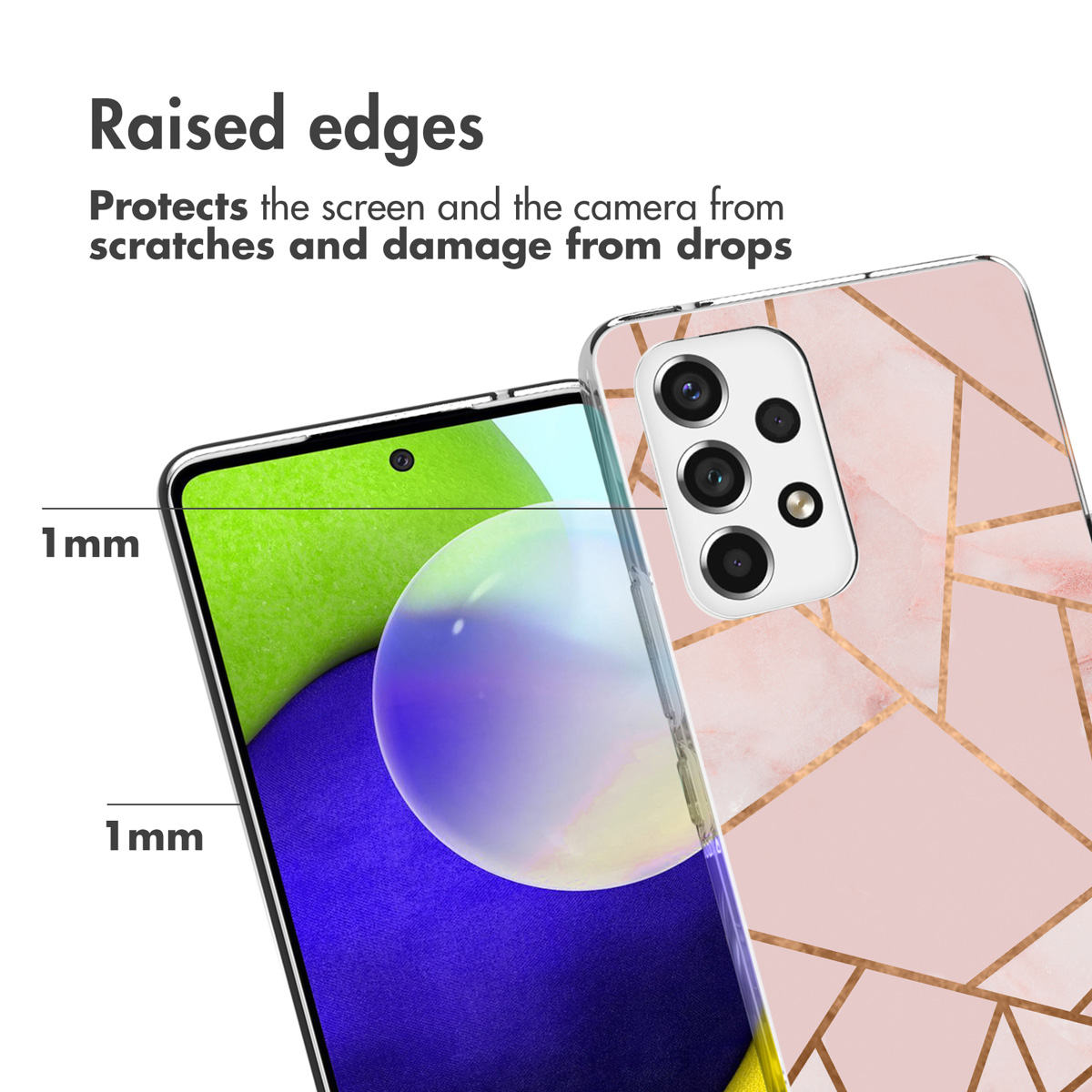 Telefono con custodia in marmo rosa e bordi rialzati. Il testo dice che protegge lo schermo da graffi e cadute. Mostra un bordo di 1 mm.