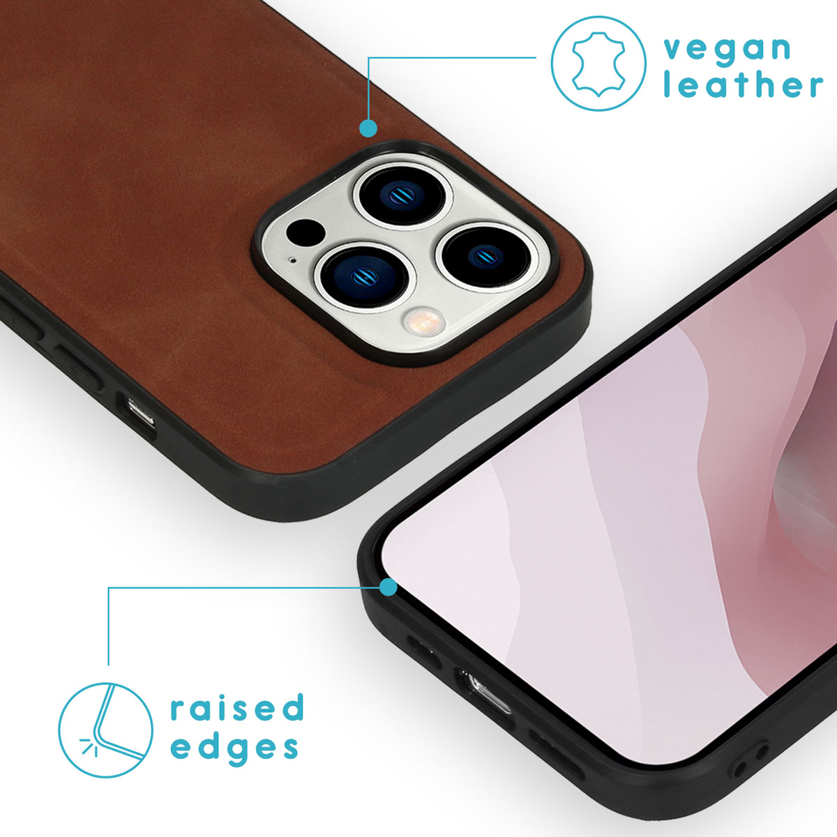 Een telefoonhoesje met een bruine vegan leren look en een telefoon met verhoogde randen.