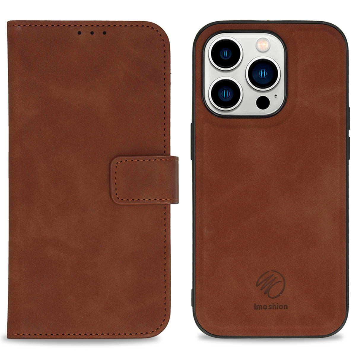 Bruine leren telefoonhoes, open met een telefoon.
