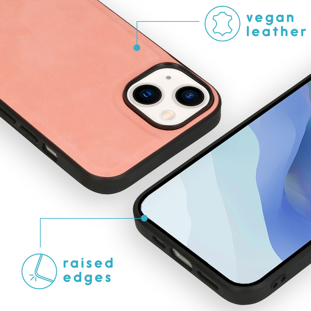 Telefon mit rosa veganer Lederhülle, schwarzer Rand. Erhöhte Kanten sichtbar.