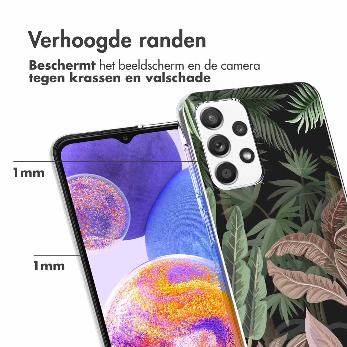Coque de téléphone avec un design de feuilles tropicales. Texte "Verhoogde randen". Indication 1mm.