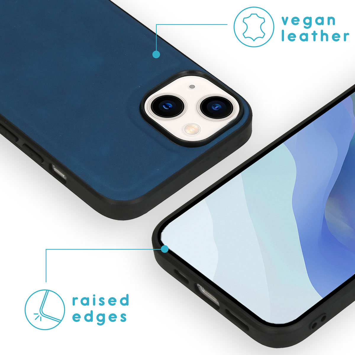 Blaue vegane Leder-Handyhülle mit erhöhten Kanten. Zeigt ein Telefon im Inneren.