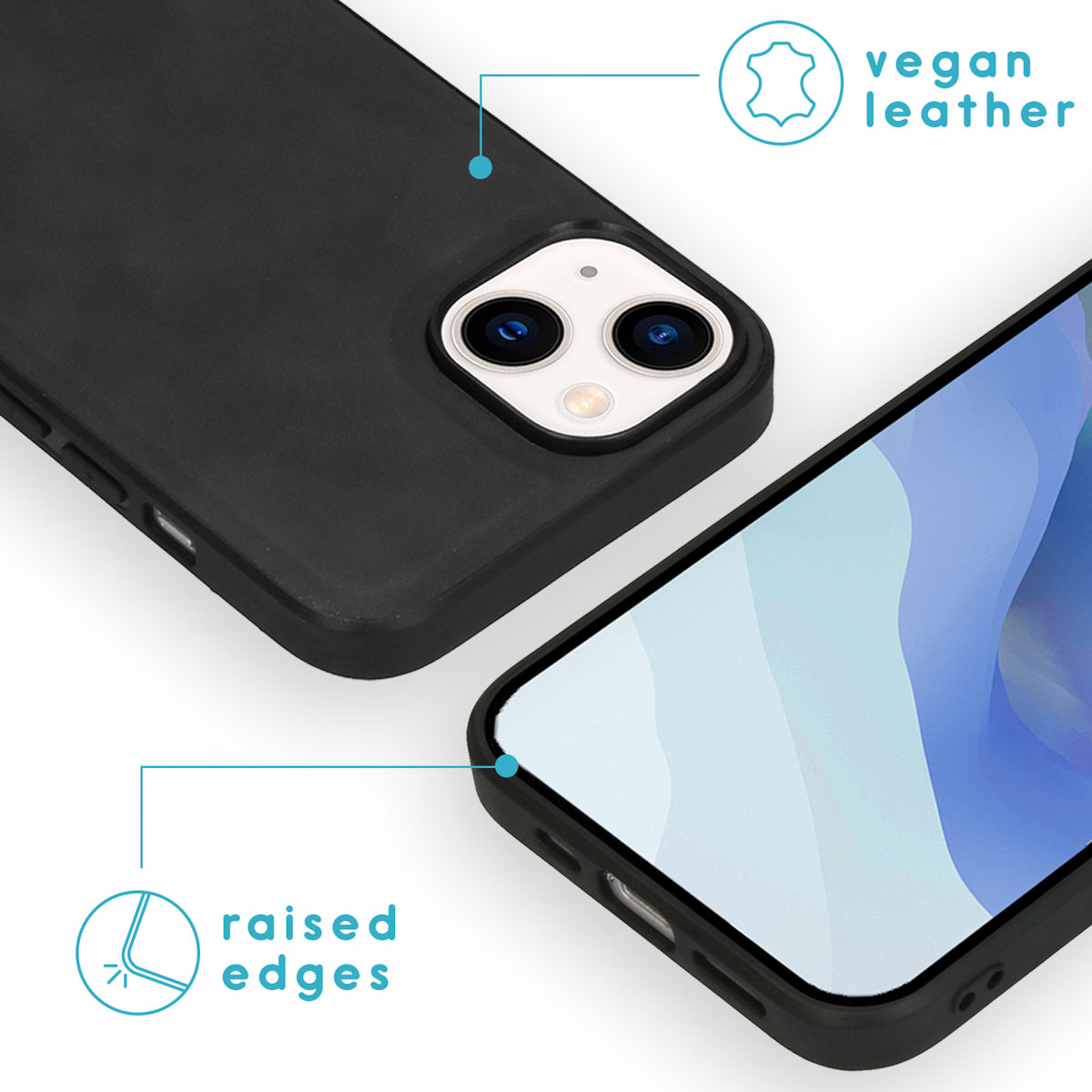 Schwarze vegane Leder-Handyhülle mit erhöhten Kanten, die das Display schützt, und schwarzem Rand.