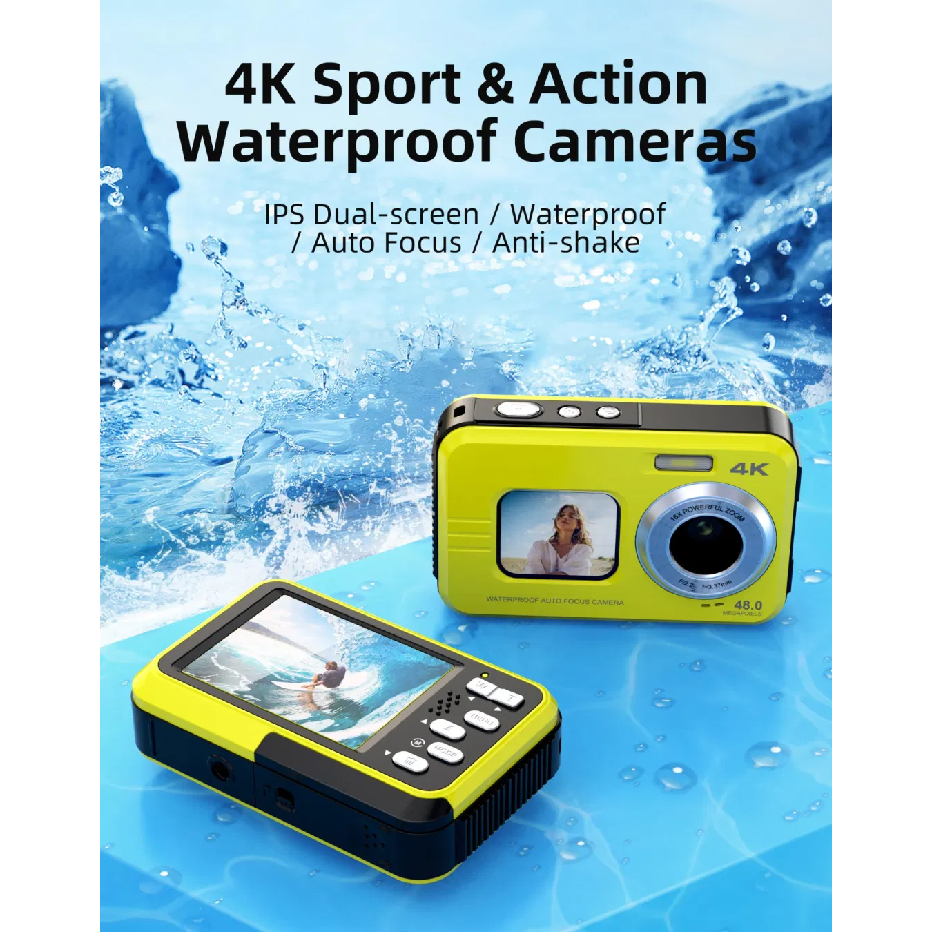 Żółte wodoodporne aparaty. Jeden jest otwarty i pokazuje ekran. Białe tło. Tekst o aparatach.