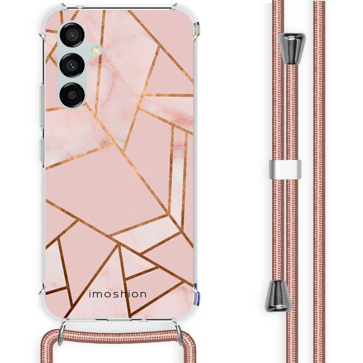 Pink phone case with gold geometric design and matching strap. The phone case has a brand name.