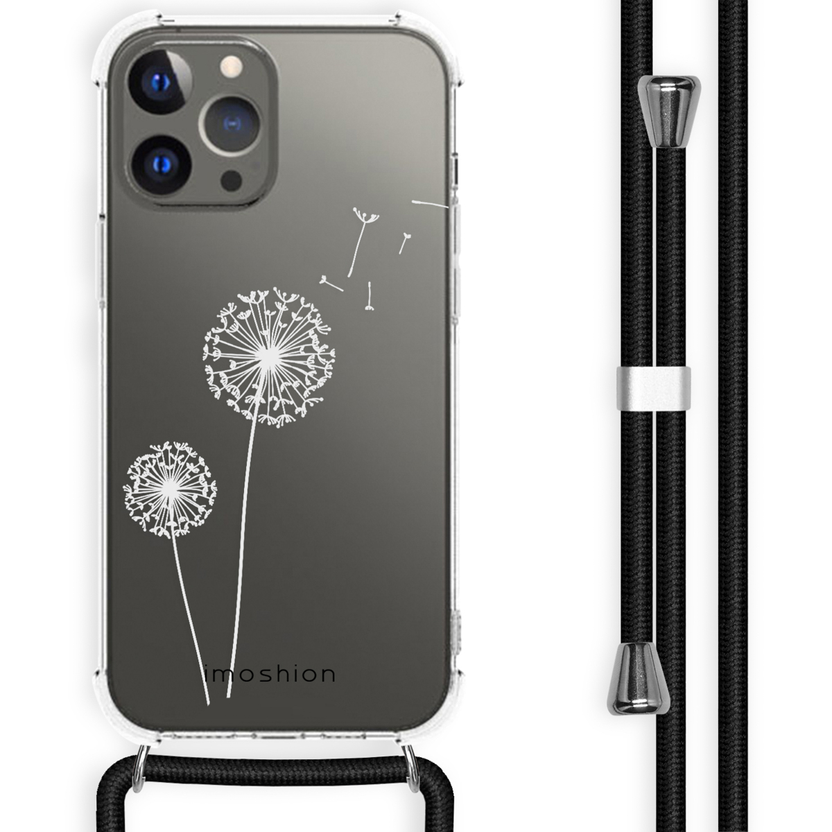 Custodia trasparente per telefono con design a soffione, collegata a un cordino nero.
