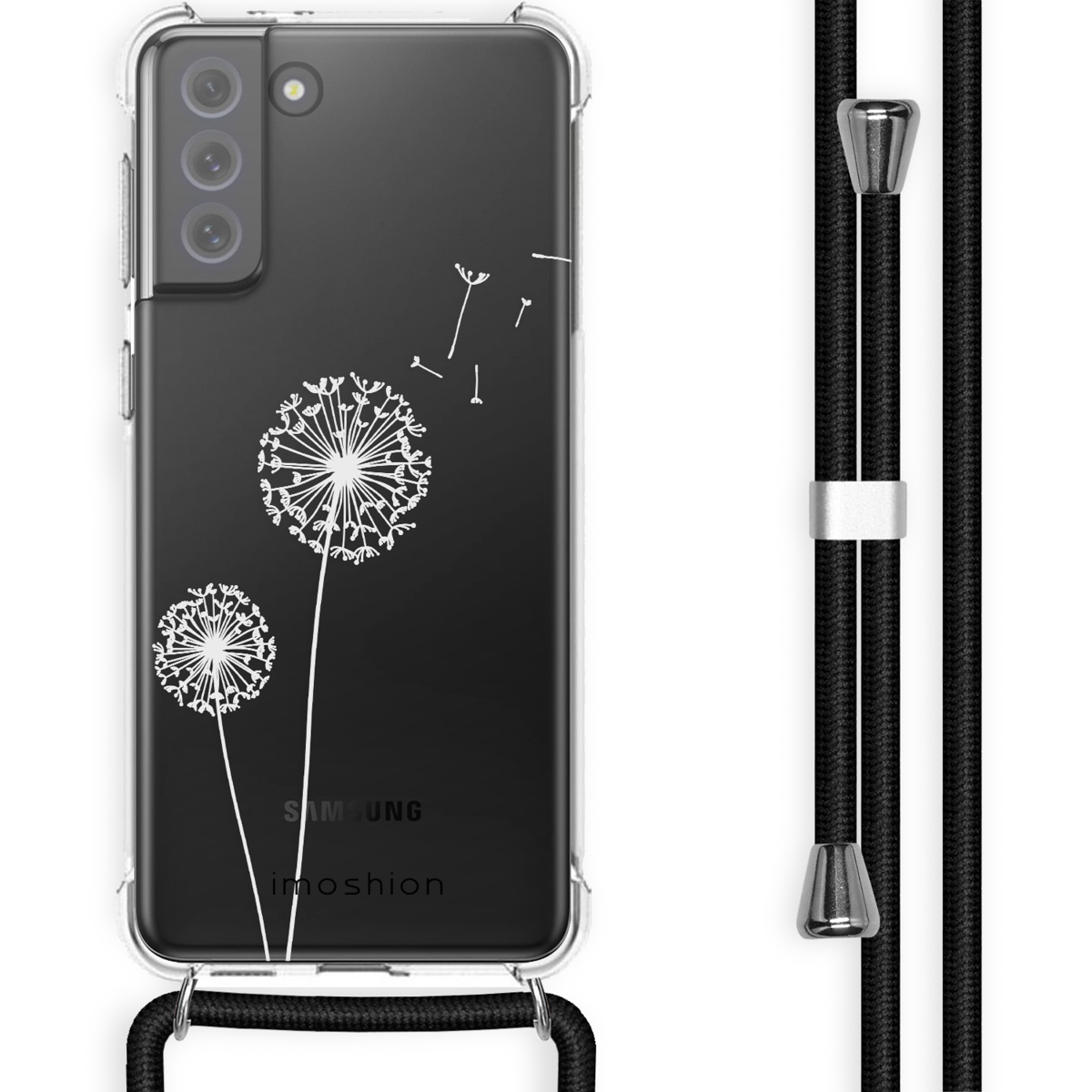 Coque de téléphone noire avec motif de pissenlit blanc et une lanière noire.