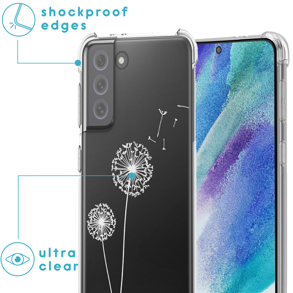 Coque de téléphone transparente avec motif de pissenlit. Bords antichoc et ultra clair.