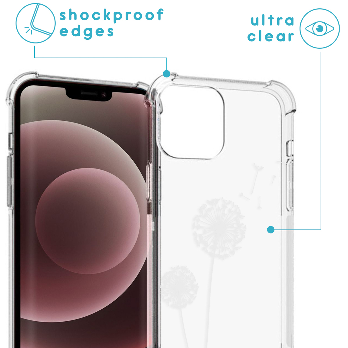 Una custodia trasparente per telefono, aperta, che mostra un telefono con un disegno di dente di leone sul retro.