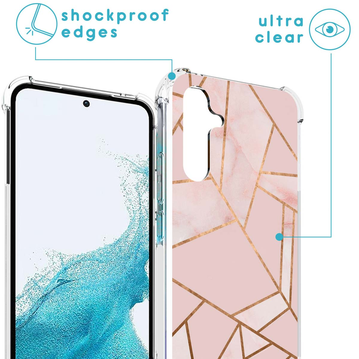 Smartphone in a clear case with a pink marble design and gold lines.
