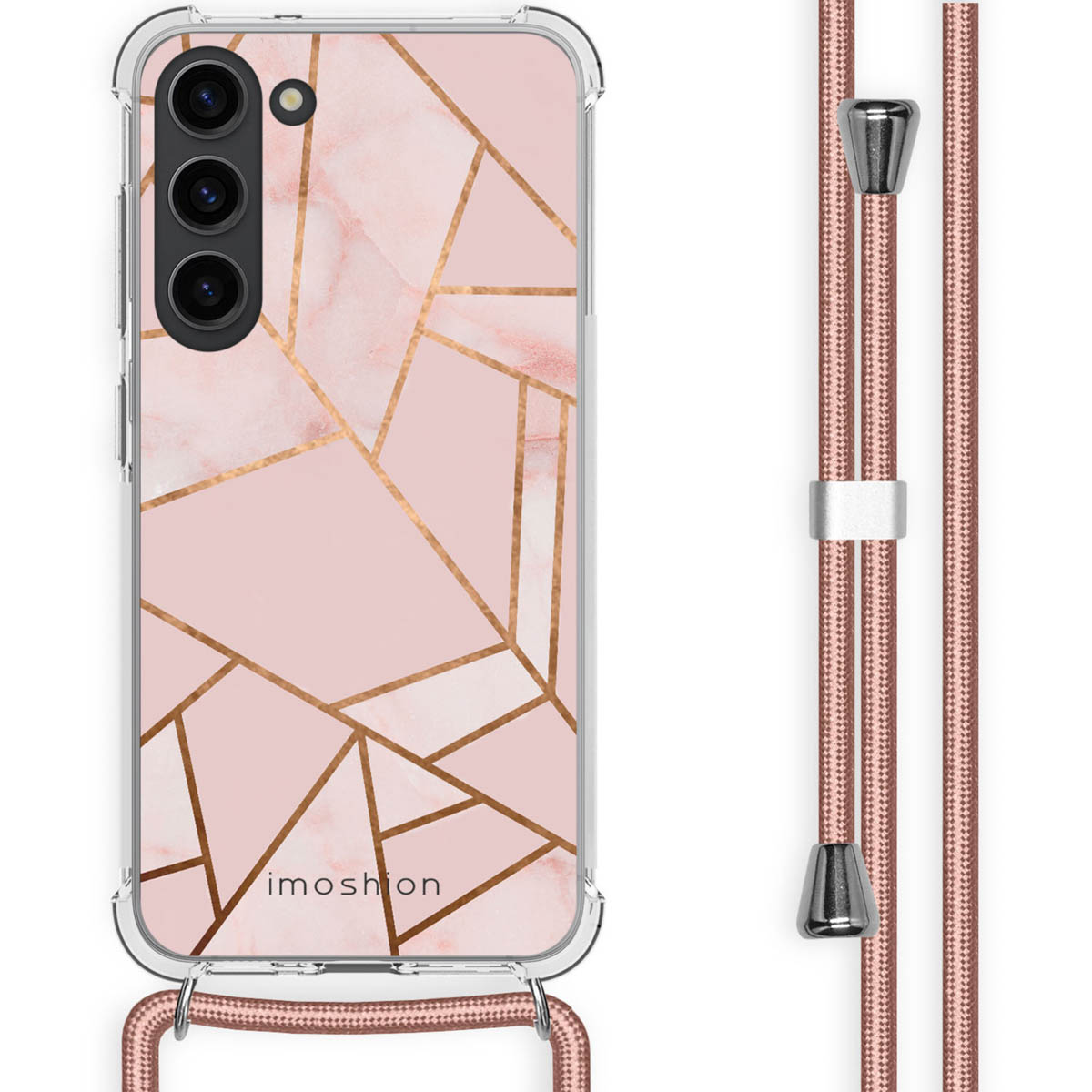 Een roze telefoonhoesje met een gouden geometrisch ontwerp, met een bijpassende telefoonriem.
