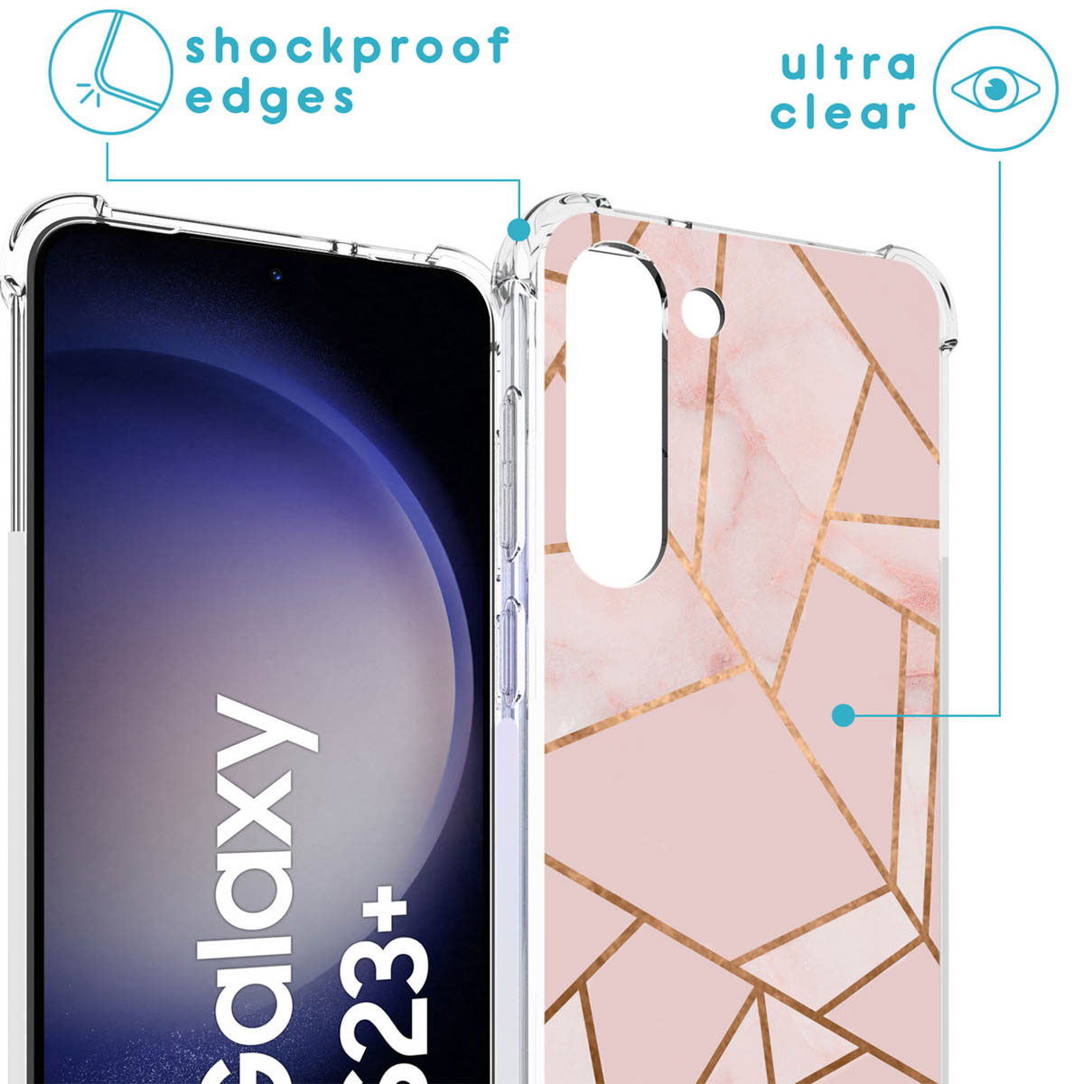 Een telefoonhoesje met een marmeren design, toont schokbestendige randen en ultraheldere eigenschappen.