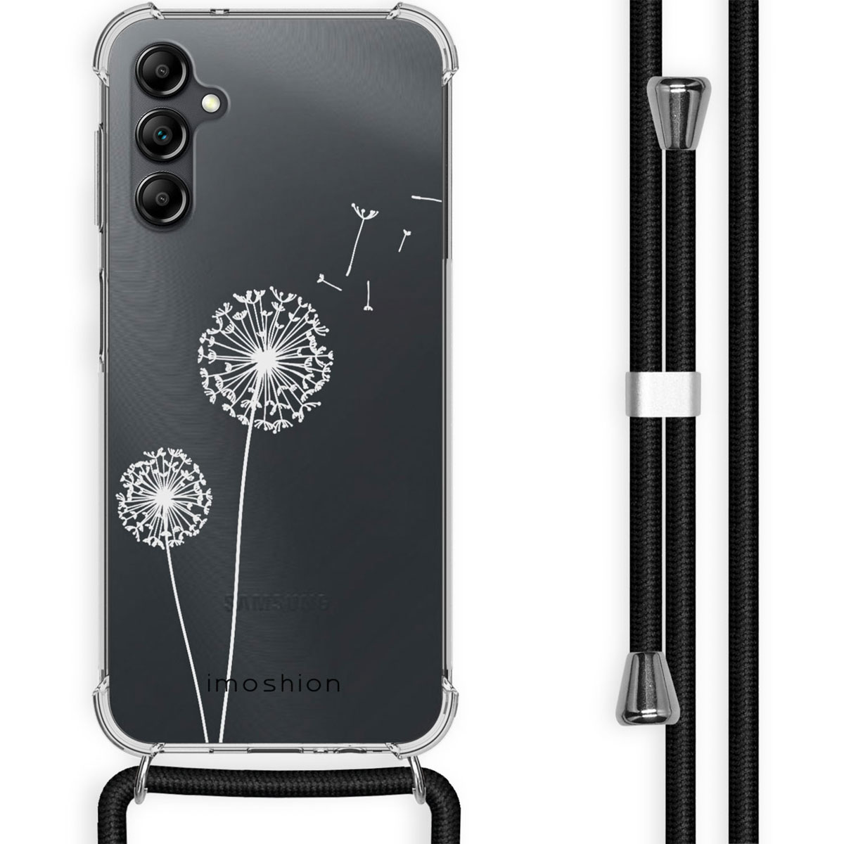 Coque de téléphone transparente avec motif pissenlit et lanière noire.