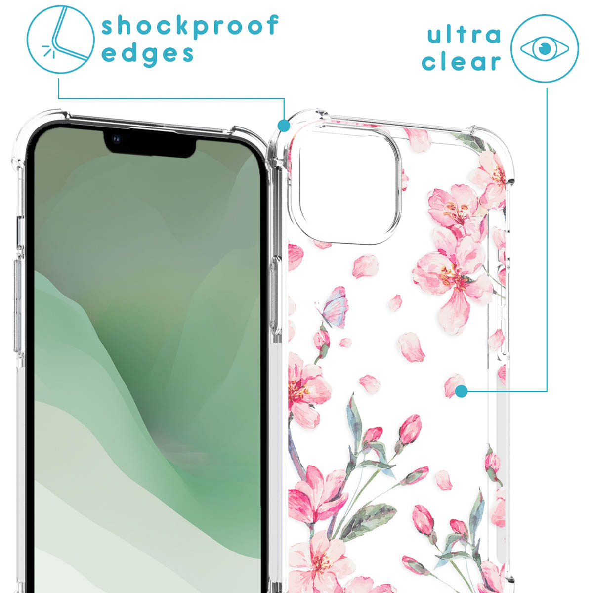 Transparente Handyhülle mit pinkem Blumenmuster. Sie befindet sich auf einem Telefon, mit Text, der stoßfeste Kanten und ultra-klar anzeigt.