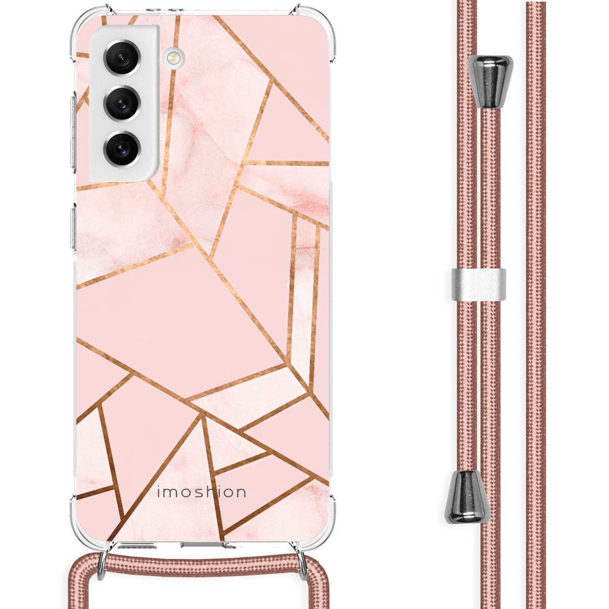 A pink phone case with a marble design and gold geometric lines, with a pink phone strap.