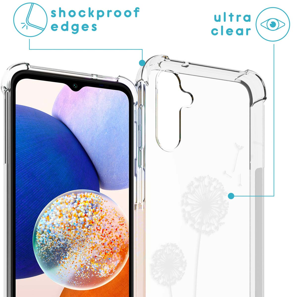 Coque de téléphone transparente avec un motif de pissenlit, montrant des bords antichocs et un téléphone à l'intérieur.