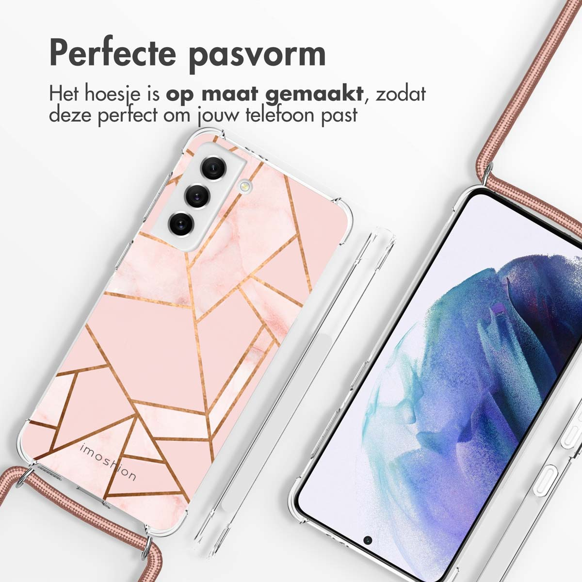 Two phone cases. One with a pink and gold geometric design, the other is clear.