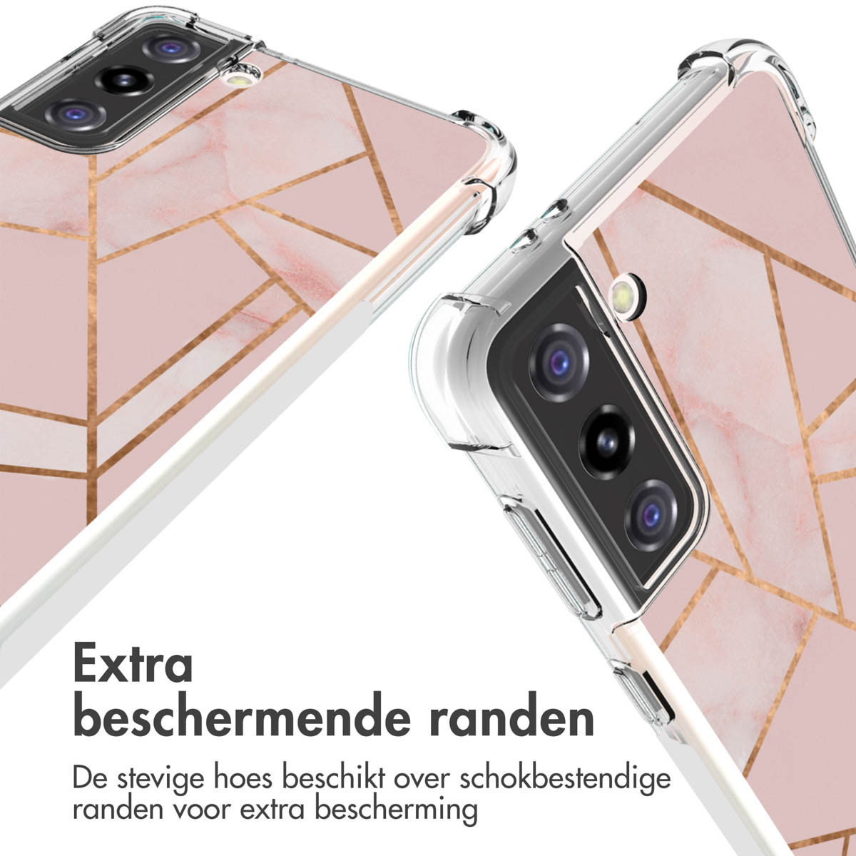 Two phone cases with a pink marble design, showcasing protective features and design.